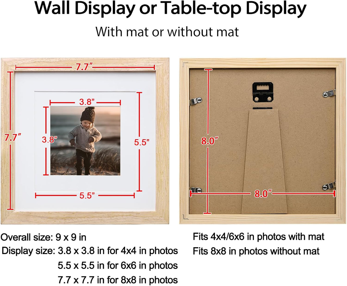 KINLINK 8x8 Picture Frame, Natural Square Solid Wood Frames for Pictures 4x4 and 6x6 with Mat or 8x8 without Mat, Wall and Tabletop Display Photo Frames Natural Wood 4 Pack