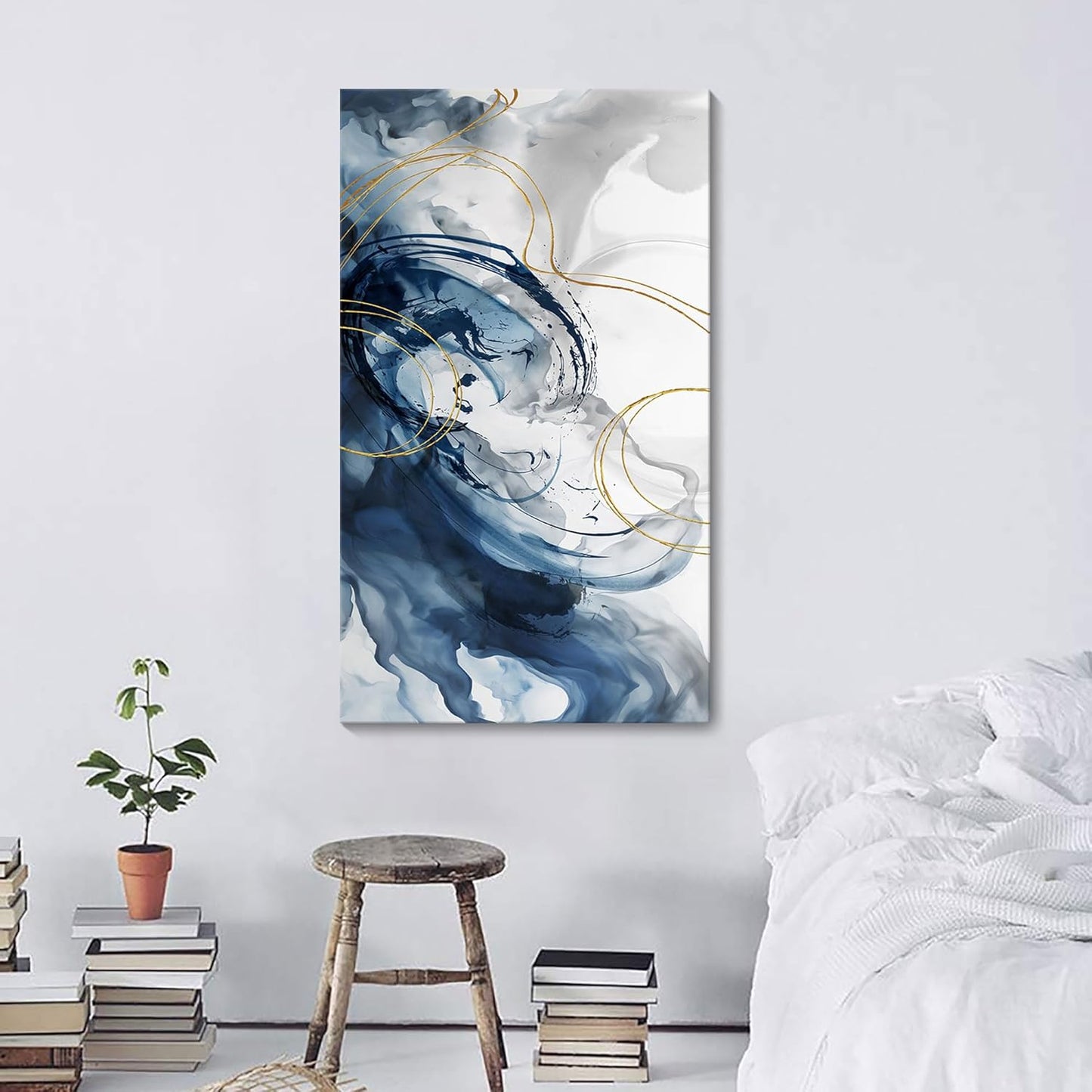Blue Abstract Wall Art Modern Canvas Art Wall Decor Artwork For Walls Living Room Large Painting Office Pictures For Wall Navy Gold Contempor Decorations For Bedroom Size 20x40
