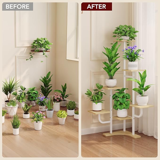 Corner Plant Stand with Grow Light - 6 Tier Plant Stand Indoor Square Metal Plant Shelf with Adjustable Light, Plant Organizer for Living Room, Graden, Home Decor (Maple)