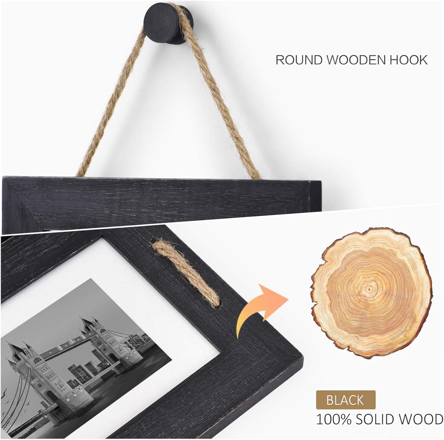 DLQuarts 5x7 Hanging Collage Picture Frames Wall Decor, 4-Opening 5x7 Matted to 3.5x5 Photo Rustic Wood Frame with Hemp Rope, 2 Pack, Weathered Black