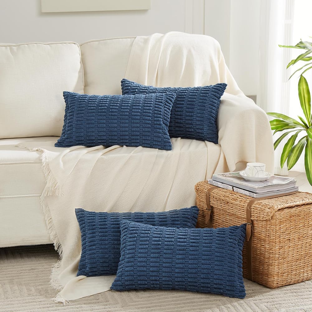 Fancy Homi 4 Packs Dusty Blue Decorative Throw Pillow Covers 14x24 Inch for Living Room Couch Bed Sofa, Rustic Farmhouse Boho Home Decor, Soft Plush Striped Corduroy Square Cushion Case 35x60 cm