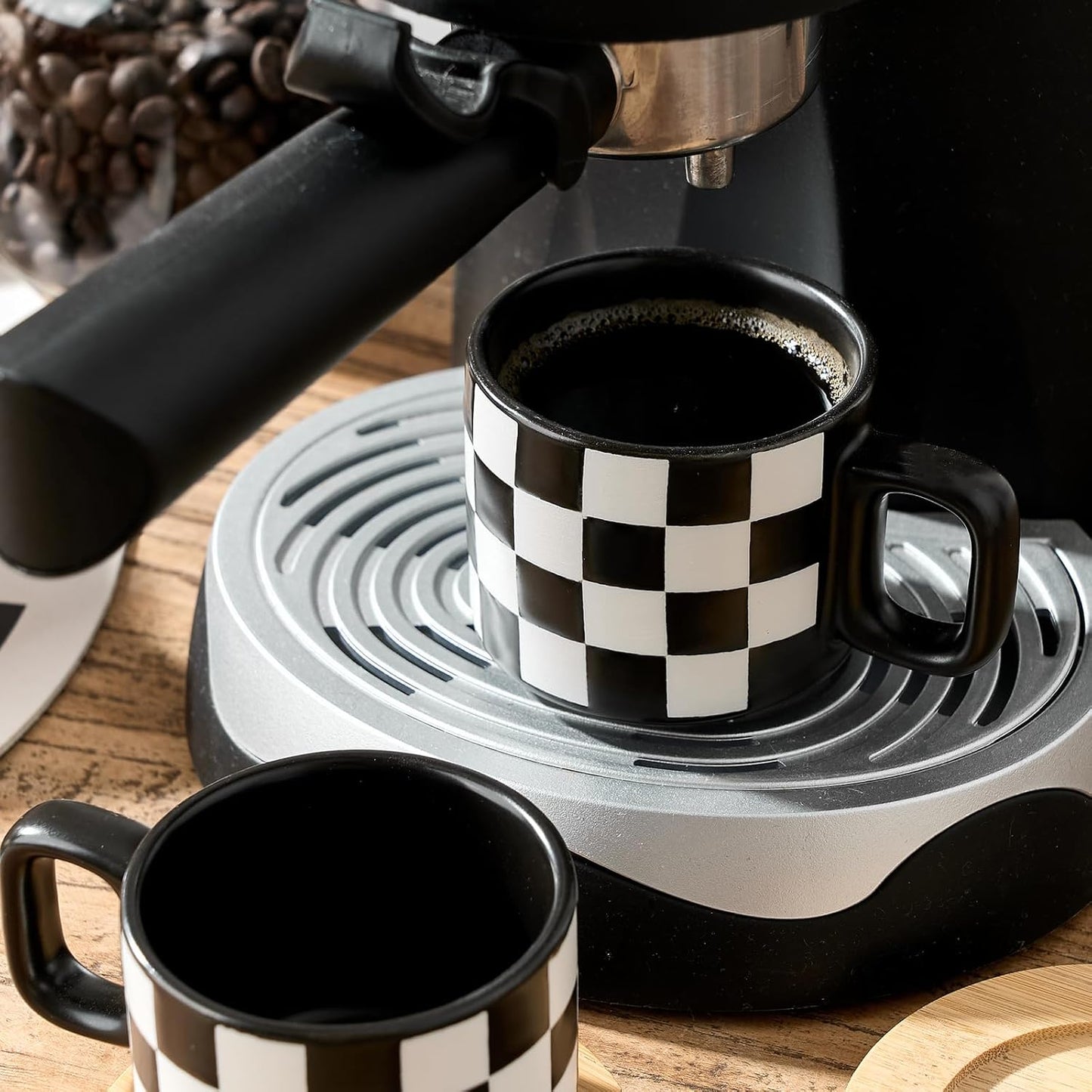 LUKA Porcelain Stackable Black and White Checkered Espresso Cups with Saucers and Metal Stand, 4 Ounce Small Ceramic Demitasse Cups Set for Coffee Drinks, Latte, Tea - Set of 4, Black Interior
