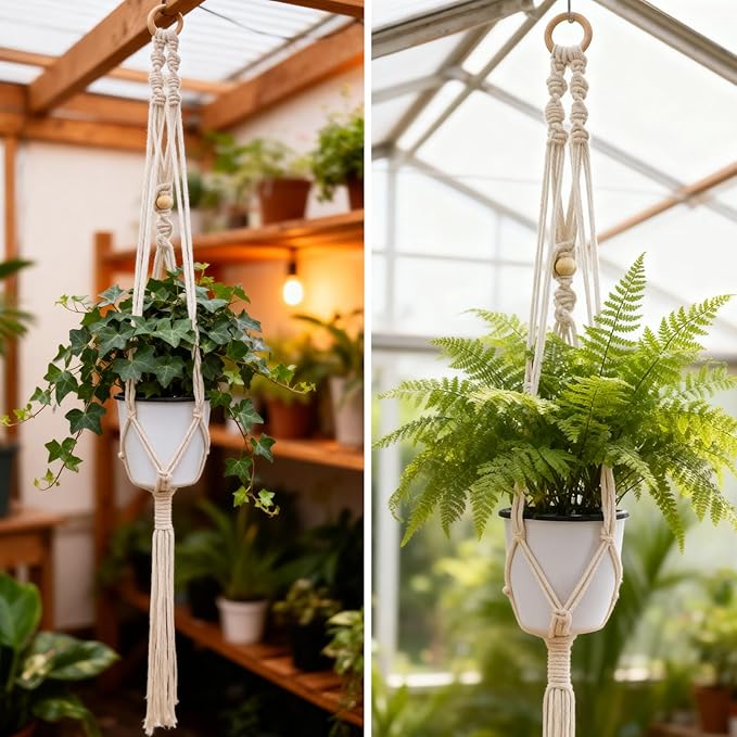 2Pcs 40inch Macrame Plant Hanger with 4 Hooks,Indoor Outdoor Hanging Planter for Plants Holder, Boho Home Decor Ivory