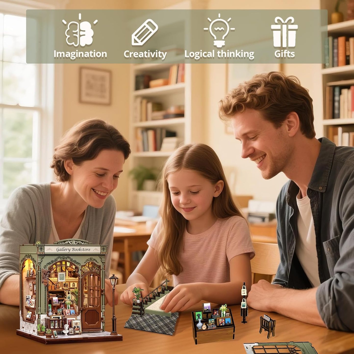 Cutefun Book Nook Kit - DIY Miniature Dollhouse Kit for Adults and Teens, 3D Wooden Puzzle Library Mini House Building Kit with LED Bookshelf Insert Decor Creative Gifts (Gallery Bookstore)