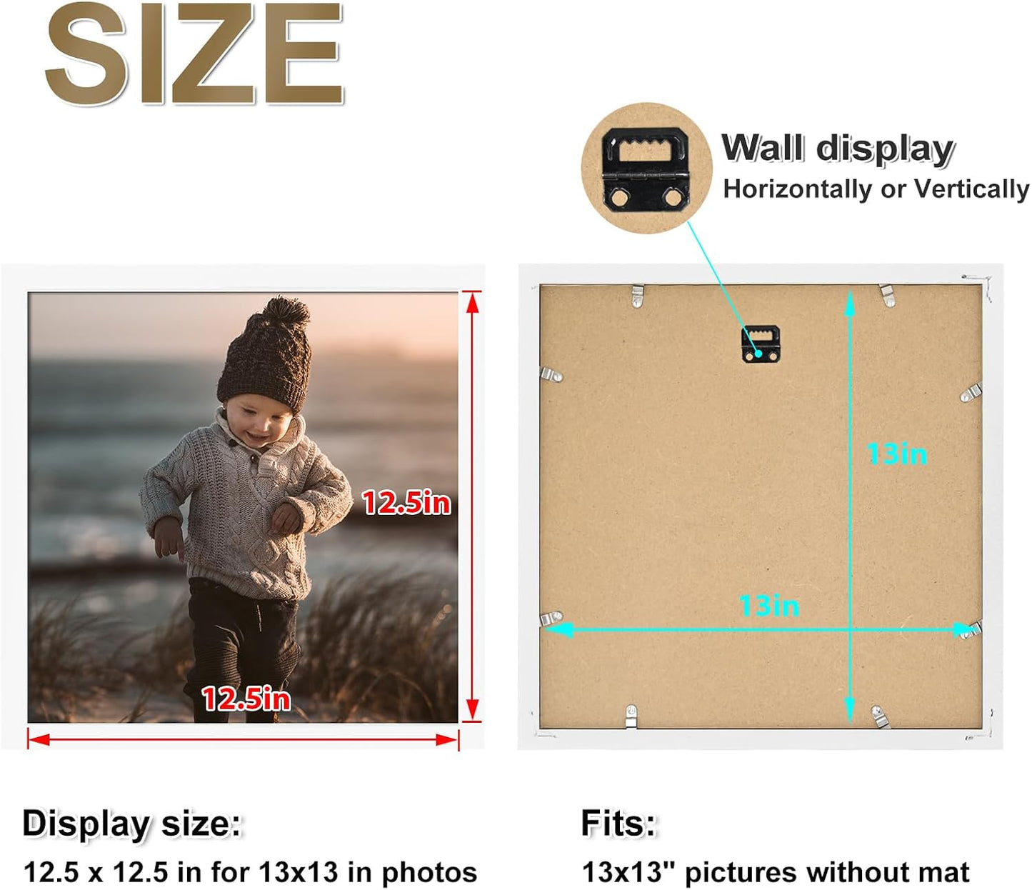 KINLINK 13x13 Picture Frame, White Square Solid Wood Frames for Pictures 13x13 without Mat and 12.5x12.5 Music Record Album, Wall Display Photo Frames White 4 Pack