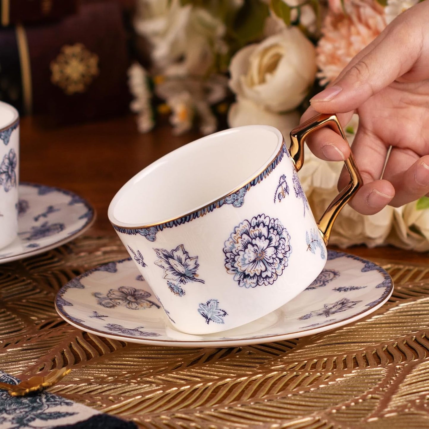 KAMMAK Tea Cups and Saucers Set of 2, Fine Bone China Coffee Cups, 8.5-Ounce Stackable Espresso Mugs, Ceramic Demitasse for Coffee, Cappuccino, Latte, Americano, Tea, English Navy