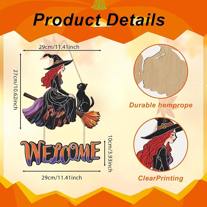 Witch Halloween Decoration,Witch And Black Cat Door Hanging,Witches On Broom Door Hanger,Halloween Welcome Wall Sign,Witches Broom Wooden Sign,Black Cat Wall Plaque for Porch Yard Home Bedroom