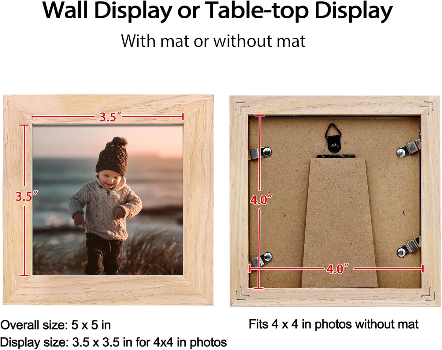 KINLINK 4x4 Picture Frame, Natural Square Solid Wood Frames for Pictures 4x4 without Mat, Wall and Tabletop Display Photo Frames Natural Wood 4 Pack