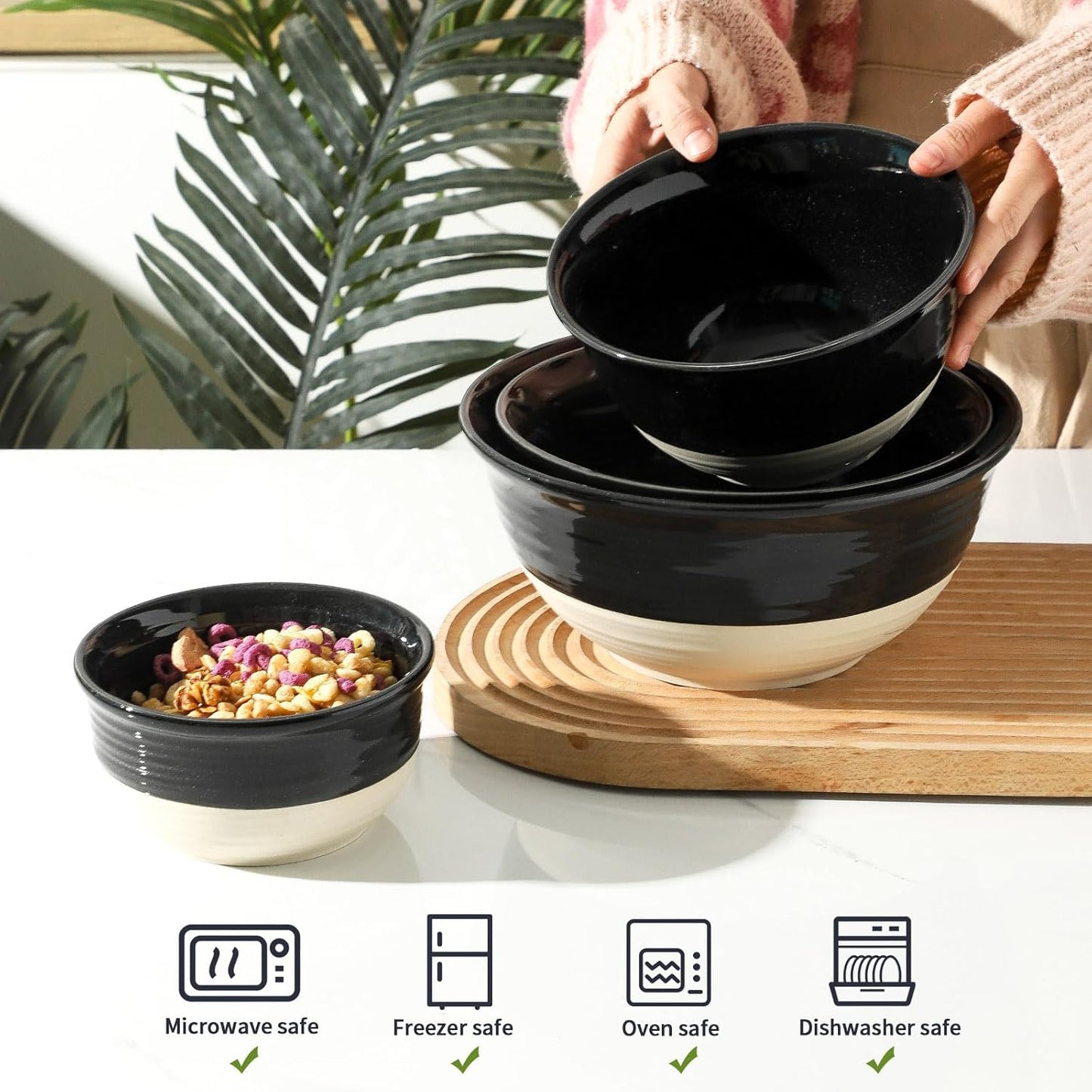 HASENSE Large Ceramic Mixing Bowls, 2.1/1.5/1.0/0.5 Qt Serving Bowls for Kitchen, Nesting Salad Bowls Set for Mixing, Cooking, Baking, Fruit, Side Dishes, Holiday Serving Dishes, Set of 4, Black