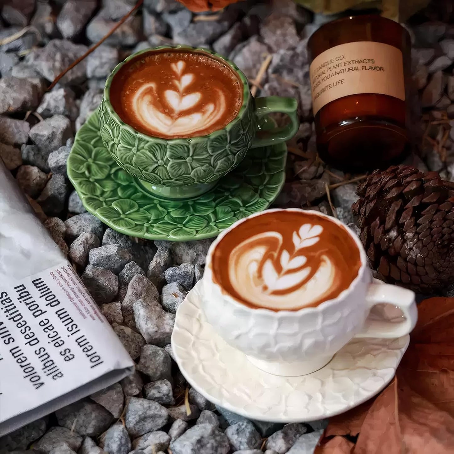 KAMMAK Tea Cups and Saucers Set of 2, Porcelain Coffee Cups, 8.5-Ounce Stackable Espresso Mugs, Ceramic Demitasse for Coffee, Latte, Americano, Tea, Green Flower