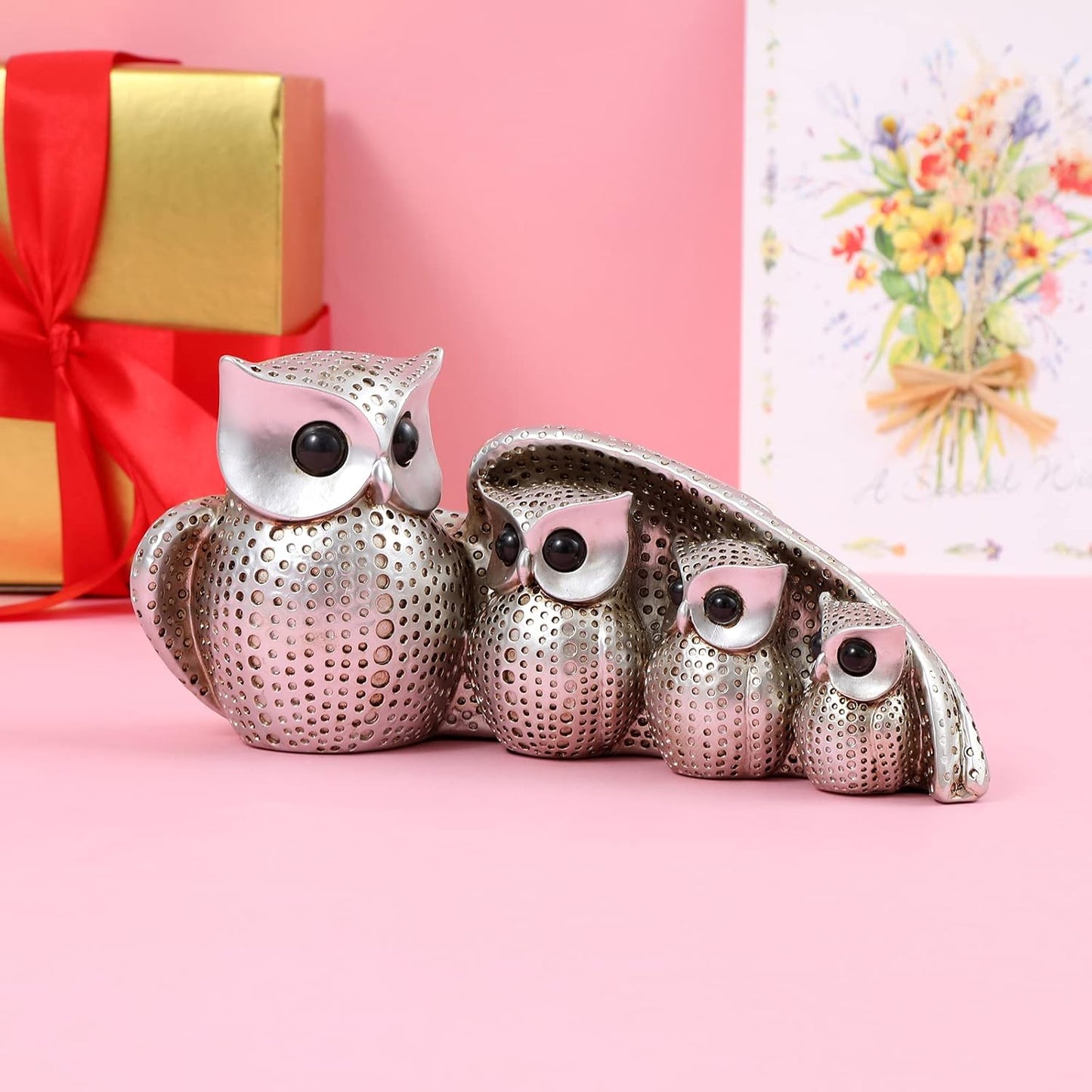 Cute Silver Family of Four owl Figurines Home Décor Sculpture with Three Baby Owls Décor for Shelf Gifts Decoration for Birds Lovers Home,Office, Bookself