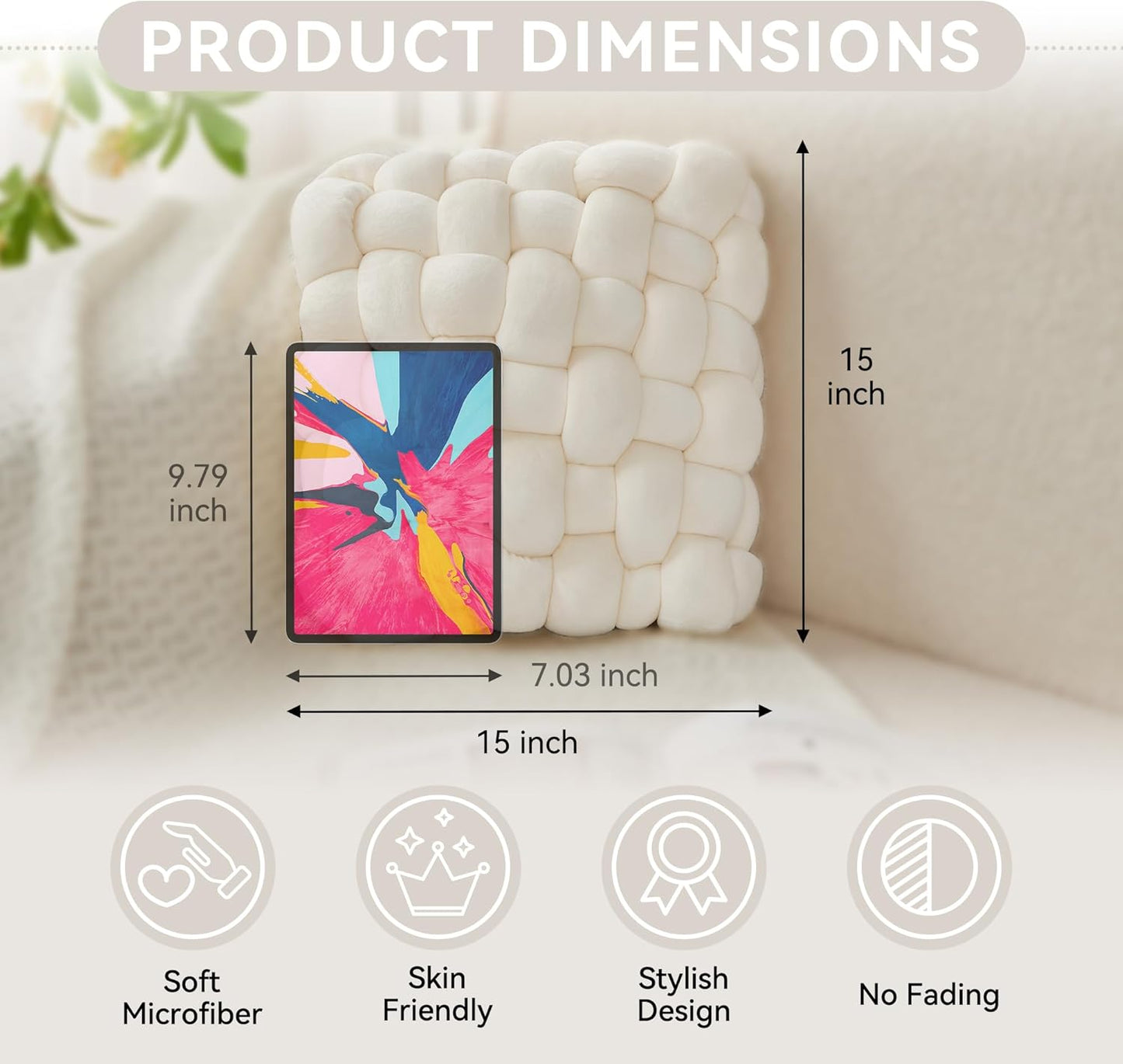 JELLYMONI White Square Knot Throw Pillow, Large Size Home Decorative Pillows, Decorative Ins Throw Pillows, Soft Velvet Knotted Decor for Bedroom, Living Room and Couch (L- 15"×15"×4", White)