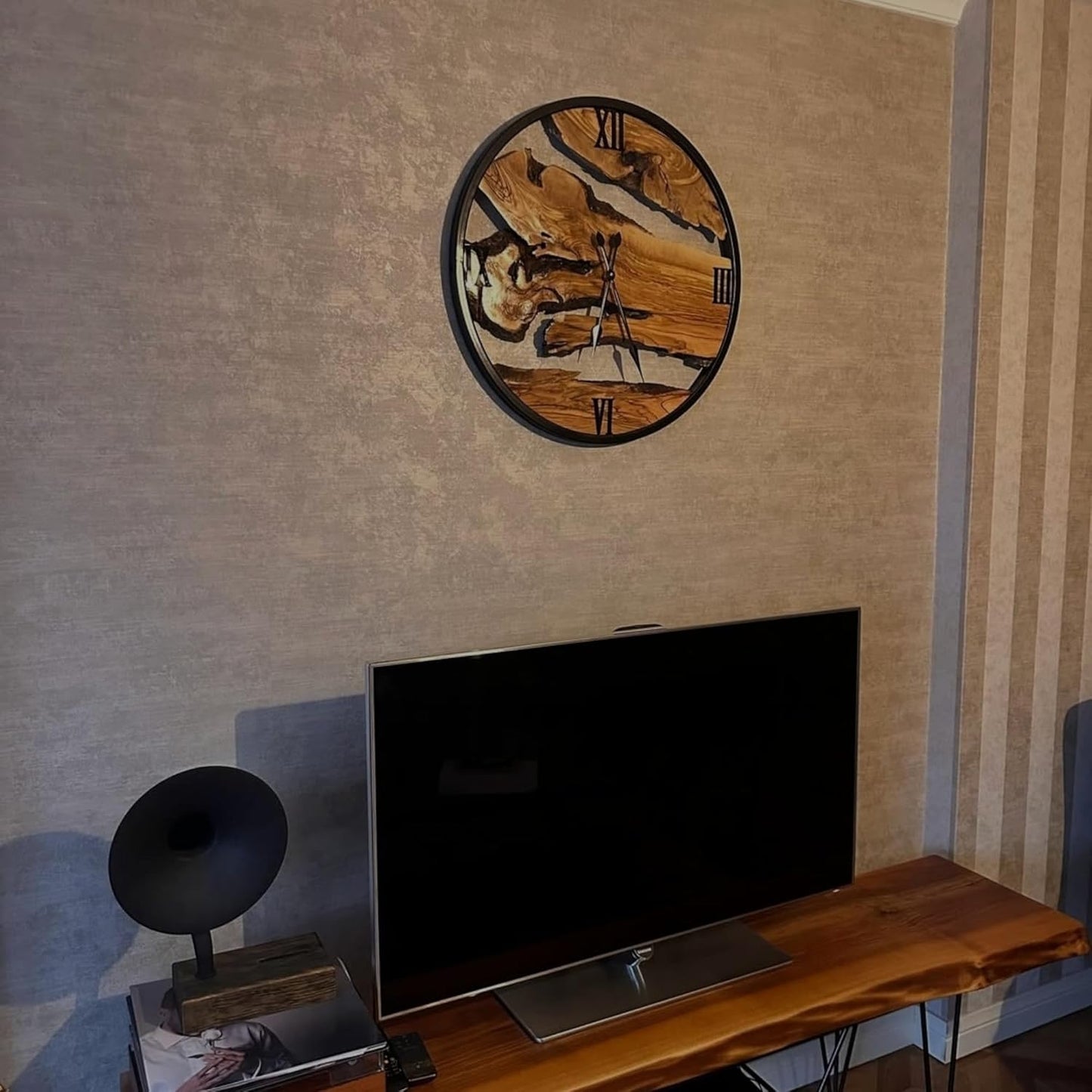 lagom Olive Wood Wall Clock – Large Handmade Silent Wooden Clock with Metal Frame, Rustic Wall Hanging Decor for Living Room, Bedroom, Office – Unique Gift for New Home (Olive Wood, 16 inches)