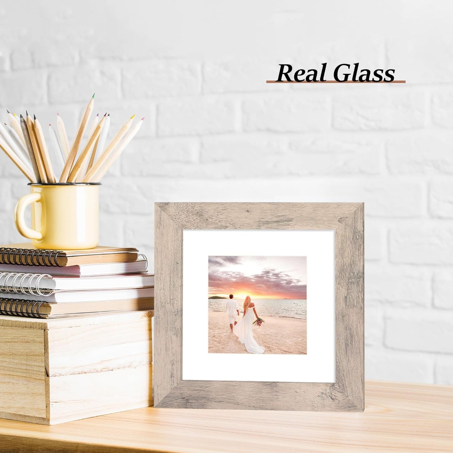 iRahmen 6x6 Picture Frame Set of 4 with High Definition Glass, Smoke Gray Frame Display 4x4 Pictures with Mat or 6 x 6 Without Mat, Wood Square Photo Frame for Wall Mount and Tabletop Display