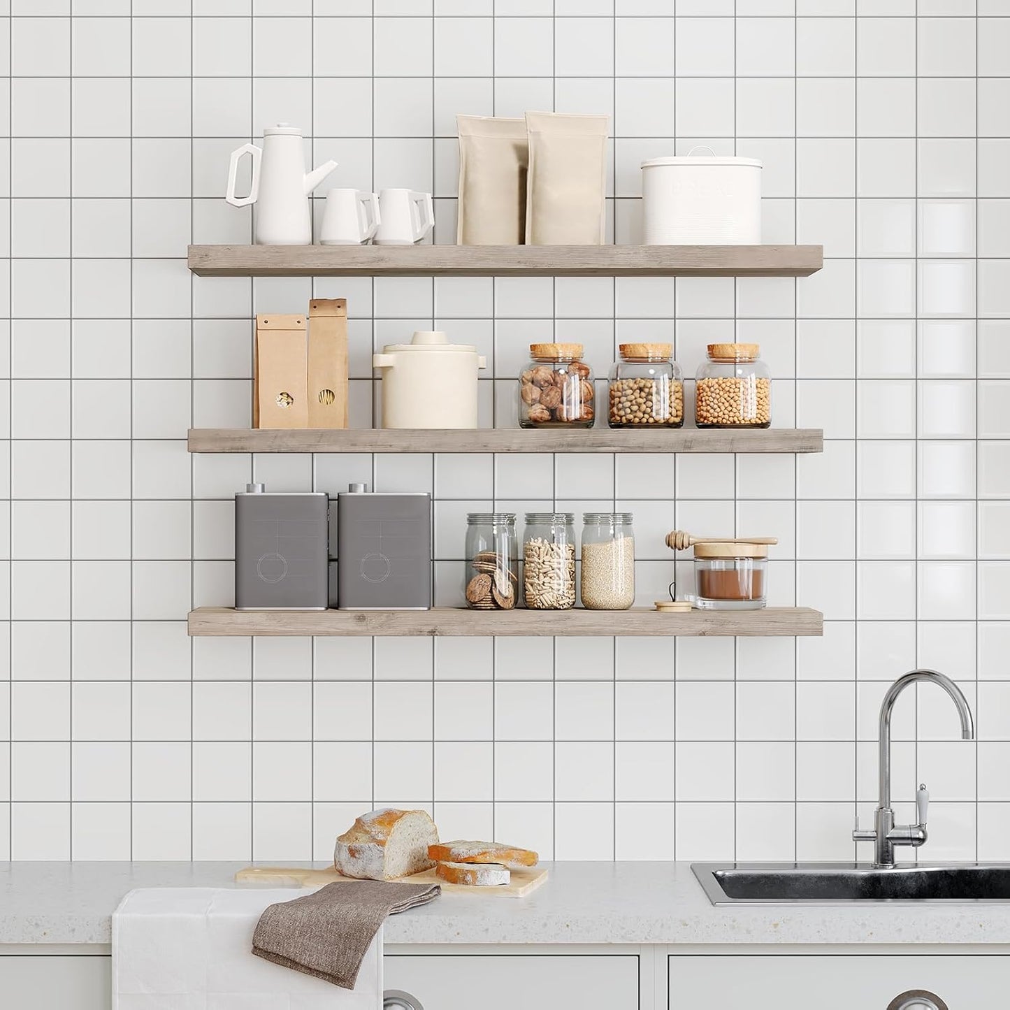 Floating Shelves for Wall, 1.5" Thick Wall Shelf Set of 3 with Invisible Brackets, L39.4 x W7.9 Hanging Book Shelves Farmhouse Home Decor for Bathroom, Living Room, Bedroom, Greige 10301BJP3BG