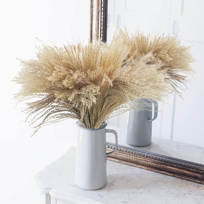 Uieke 100Pcs Natural Dried Pampas Grass Plume 17inch Tall Dried Flowers Large Faux Reed Artificial Plants for Wedding Flower Arrangements Farmhouse Wreath Door Centerpiece Home Décor Brown