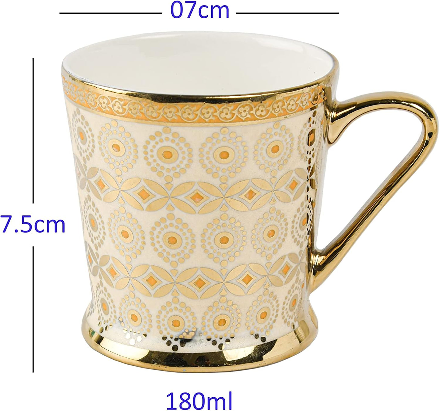 Handcrafted Ceramic Coffee Mugs Indian Golden Tea Cups Set of 6 (6 oz), Cappuccino Cups, Coffee Cups, White Tea Cup Set, British Coffee Cups, Porcelain Tea Set, Latte Cups, Espresso Mug.