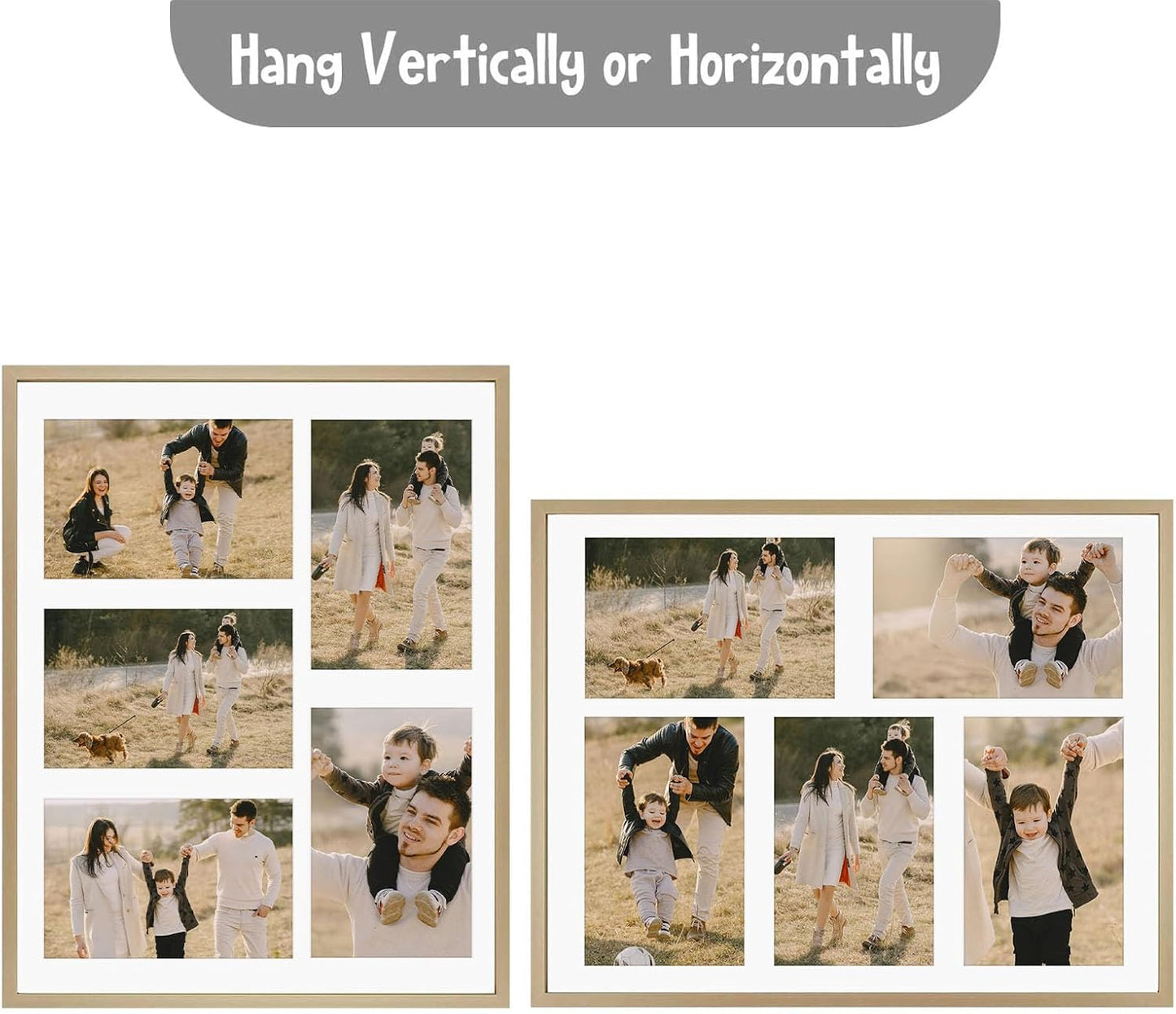 Frametory - 11x14 Aluminum Collage Picture Frame - Display 4x6 Pictures with 5 Openings Mat - Real Glass Front - Horizontal/Vertical Wall Mount - Gold 1 Pack