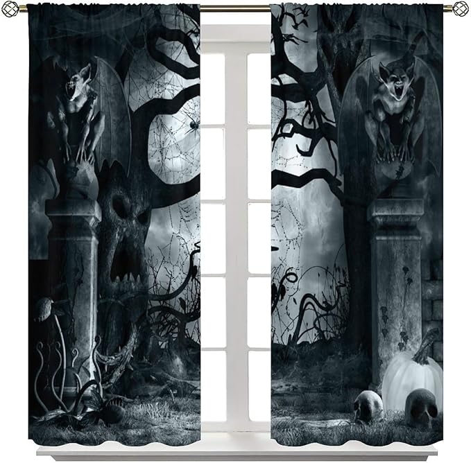 Gothic Blackout Curtains, Halloween Creepy Horror Gargoyles Bat Pumpkin Skeleton Pattern Drapes Window 2 Panel Rod Pocket Curtain for Bedroom Living Room Decor 21" W X 63" L