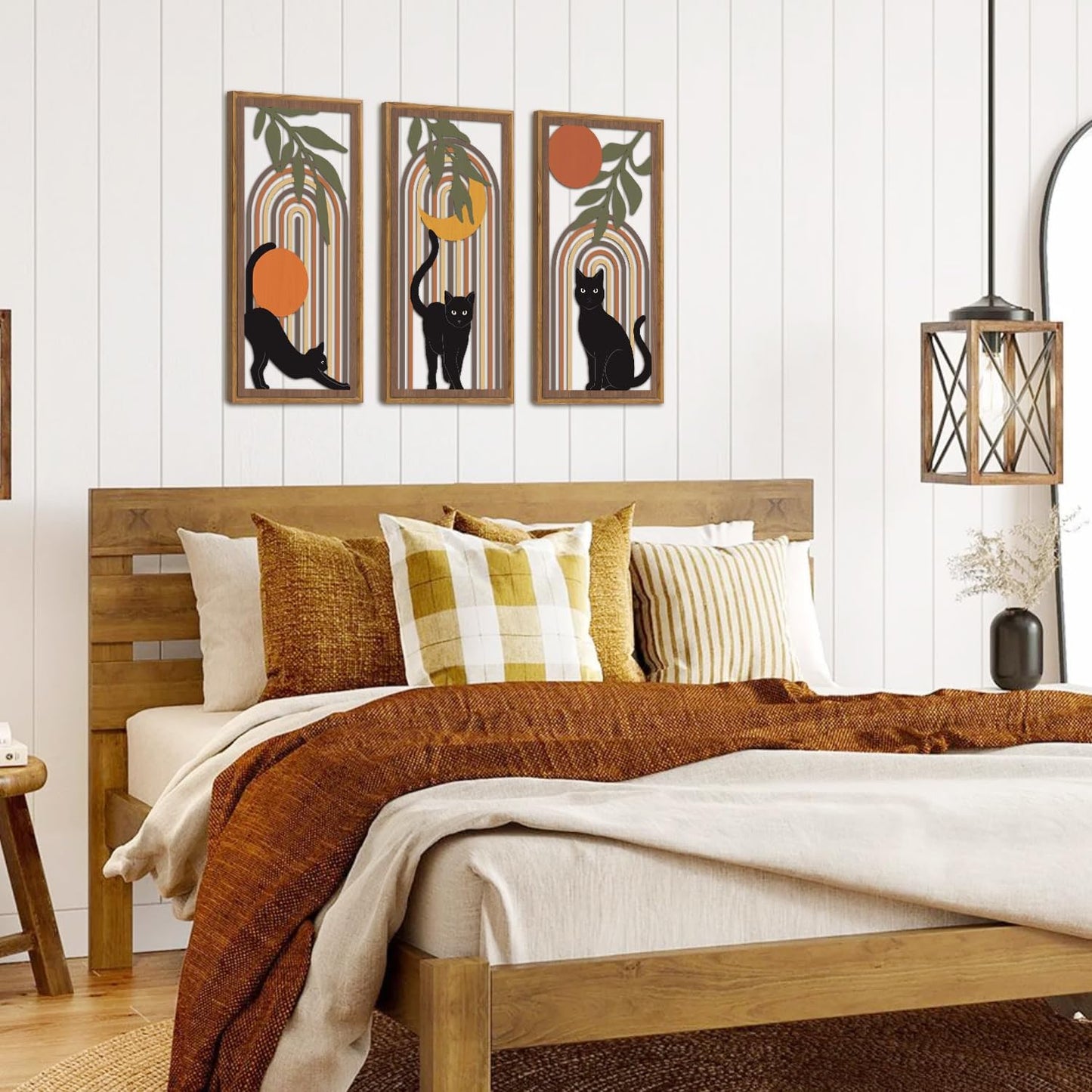 KAIRNE Boho Black Cat Wall Decor,Mid Century Bohemian Wooden Wall Art Set of 3(16”X8”),Farmhouse Geometric Hanging Wood Wall Decor,Abstract Moon Sun Leaves for Living Room Bedroom Nursery Decoration