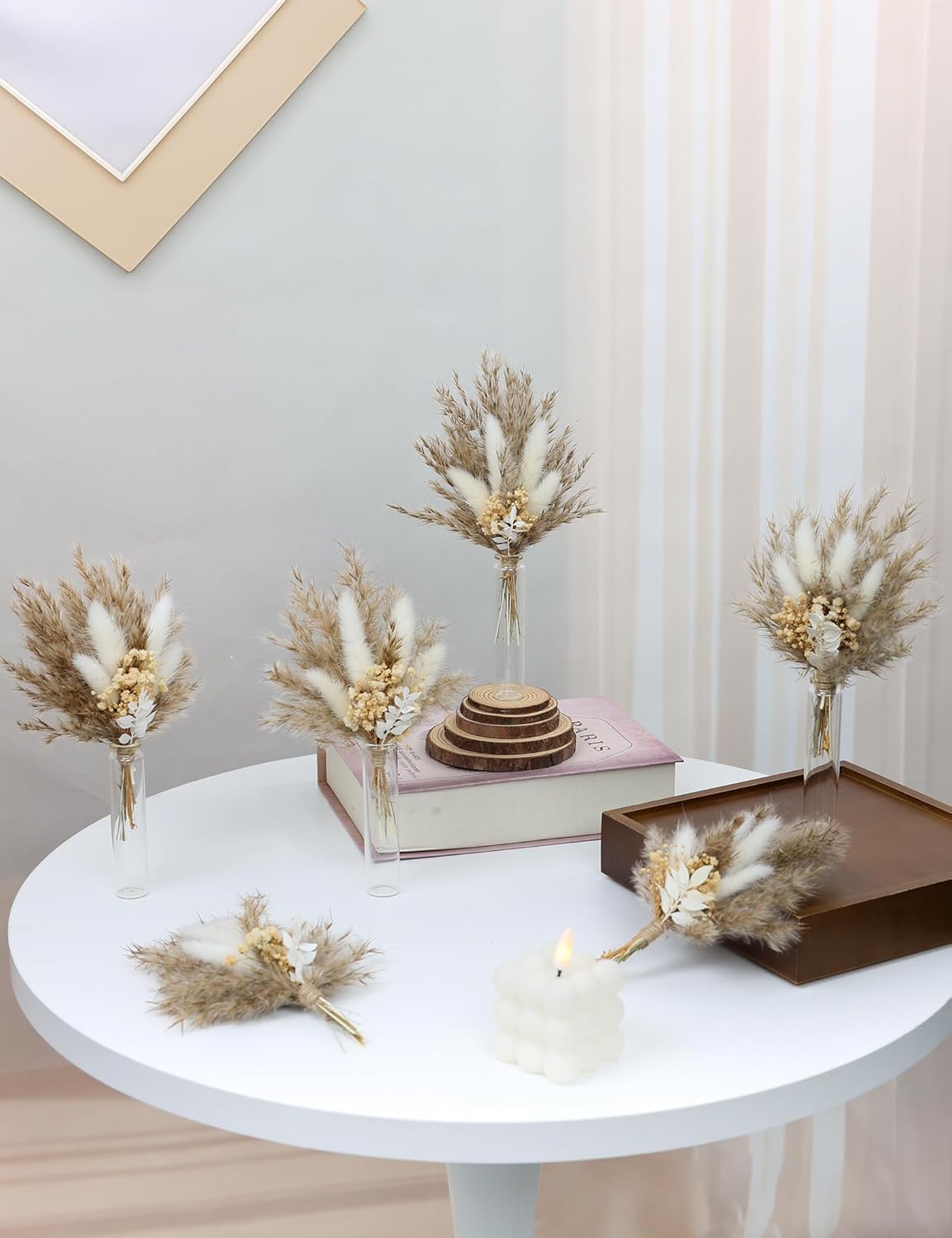 Mini Dried Flower Bouquet Set of 6, Boho Wedding Decor, Boutonniere for Men,Table Centerpieces, Dry Pampas Grass,Birthday Cake Flowers,Personalized Bridesmaid Gift Box,Small Bottles Decoration.(White)