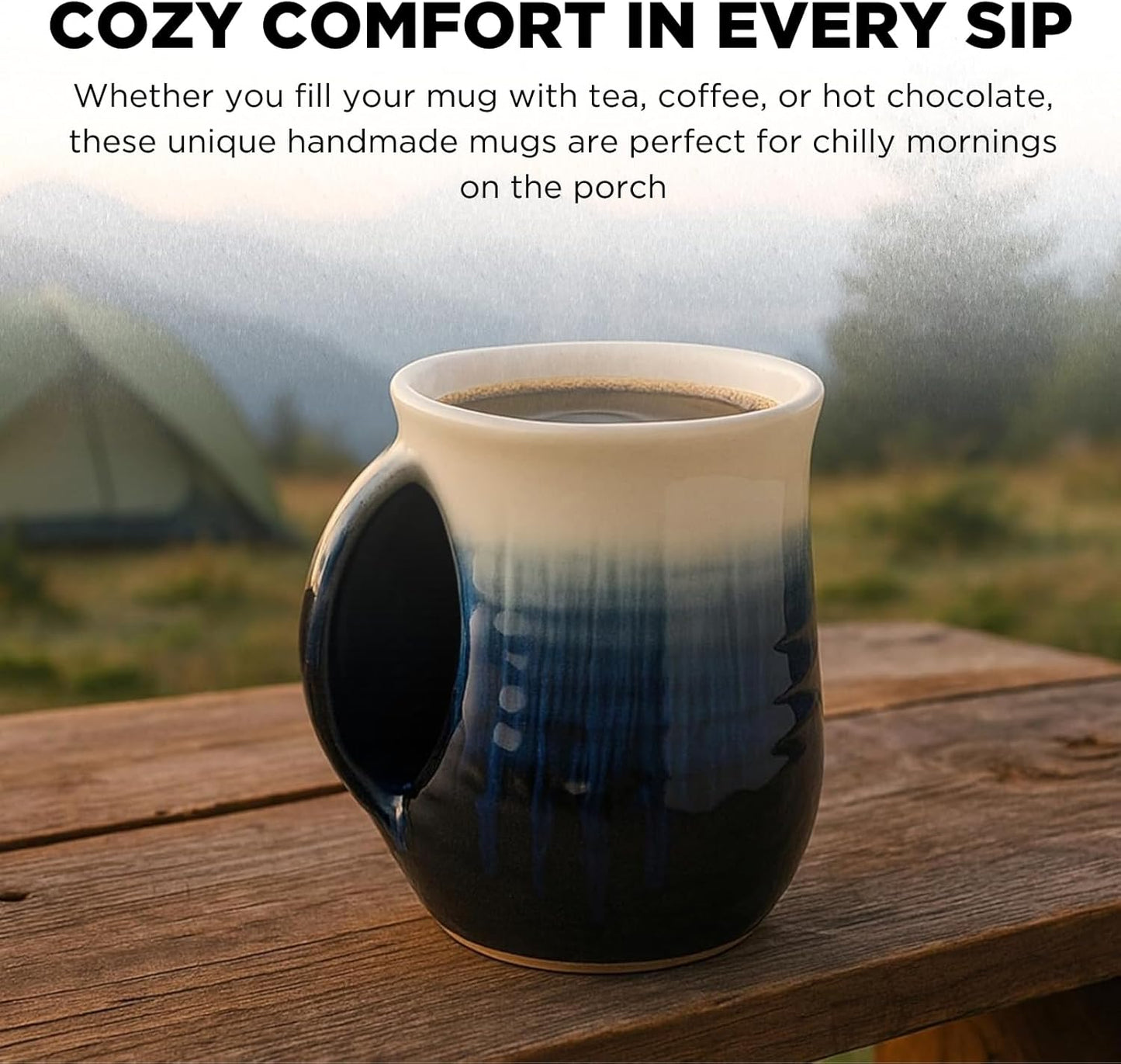 GUTE Hand Warmer Mug, Ceramic and Hand Painted - Contoured Pocket will Hold Warmth From The Heat Of Your Drink To Keep Your Fingers Warm, Comfy Handwarmer (Ocean Blue) (Left Handed)