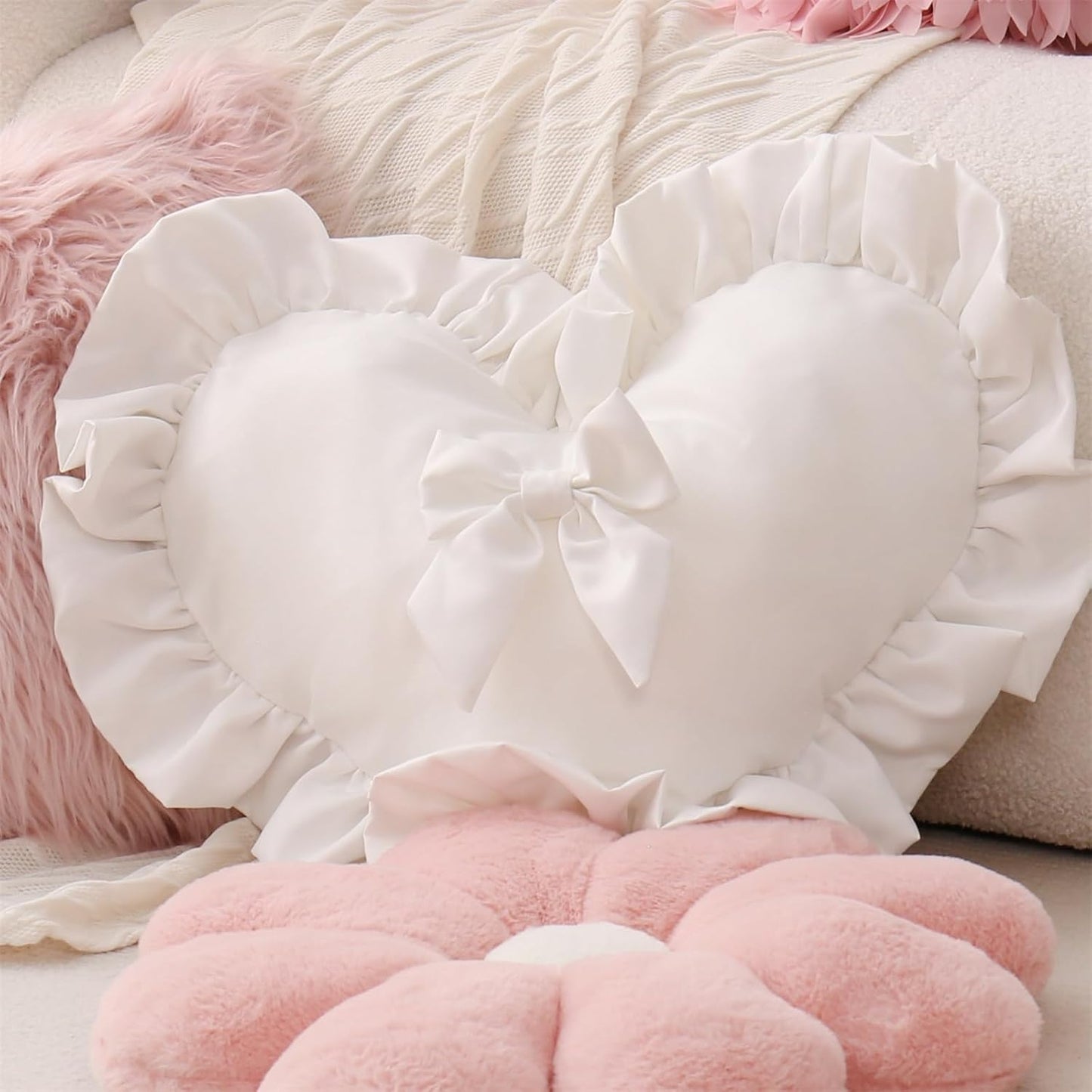 Heart Pillows, Cute Soft Room Decor Ruffled with Bow Love Heart Shape Throw Pillows Sofa Cushion Pillow for Living Room Bed Chair Car Decoration, White