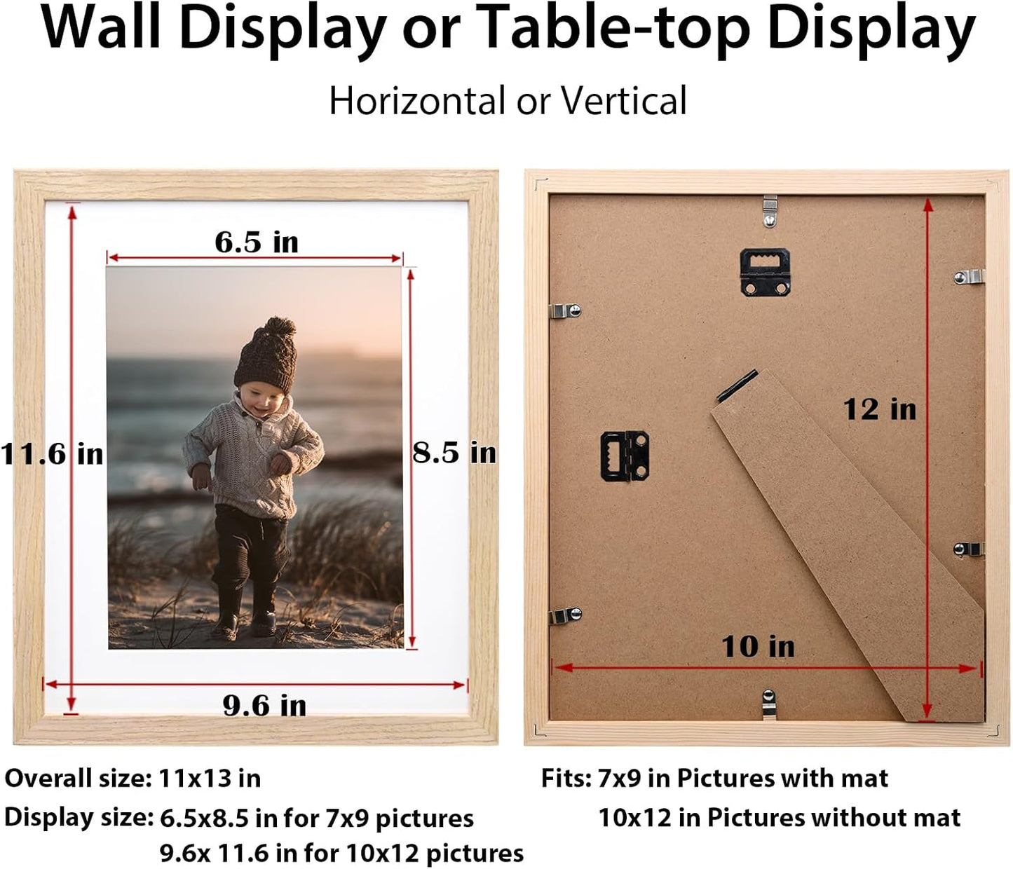KINLINK 10x12 Picture Frame Natural, Solid Wood Frames with Acrylic Plexiglass for Pictures 7x9 with Mat or 10x12 without Mat, Tabletop and Wall Display Photo Frame, Set of 4