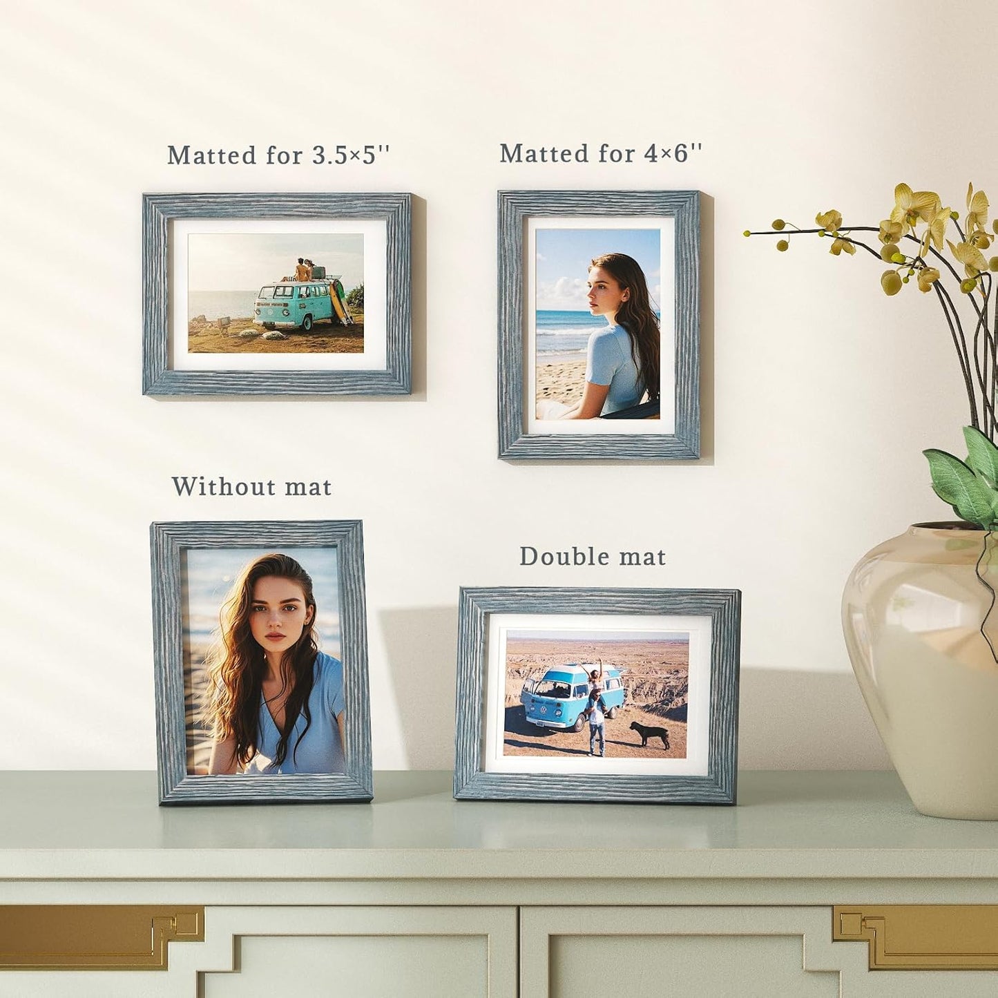Egofine 5x7 Picture Frames Set of 4, Made of Solid Wood Covered by Plexiglass 3.5x5 and 4x6 with Mat or 5x7 without Mat, for Table Top Display and Wall Mounting Photo Frame Rustic Blue
