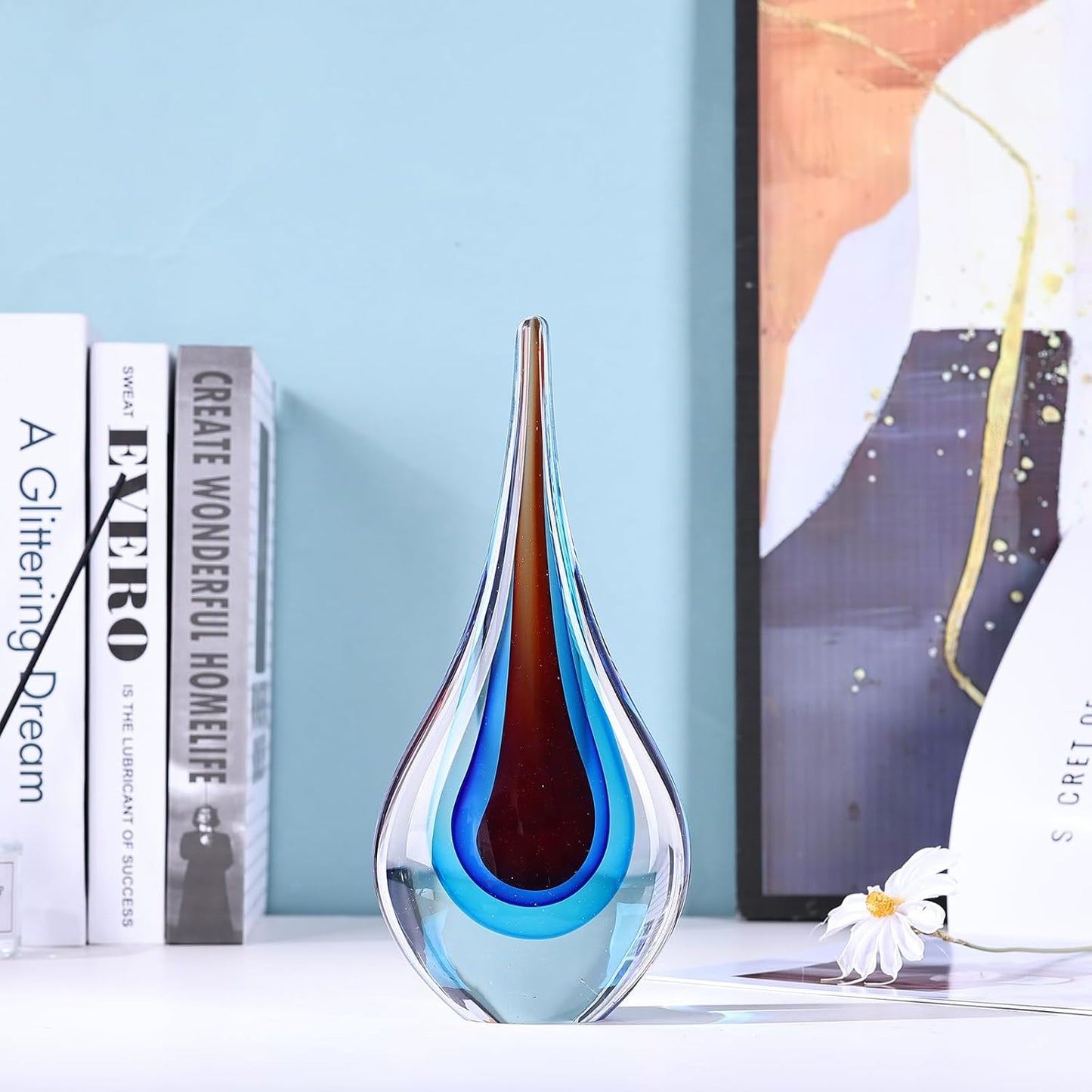 DOVDOV Blown Glass Sculpture, Blue and Brown Glass Art Teardrop Statue, Unique Ocean Theme Decoration for Office, Bookshelf, Dresser, Living Room Coffee Table, Fireplace countertop Decoration.
