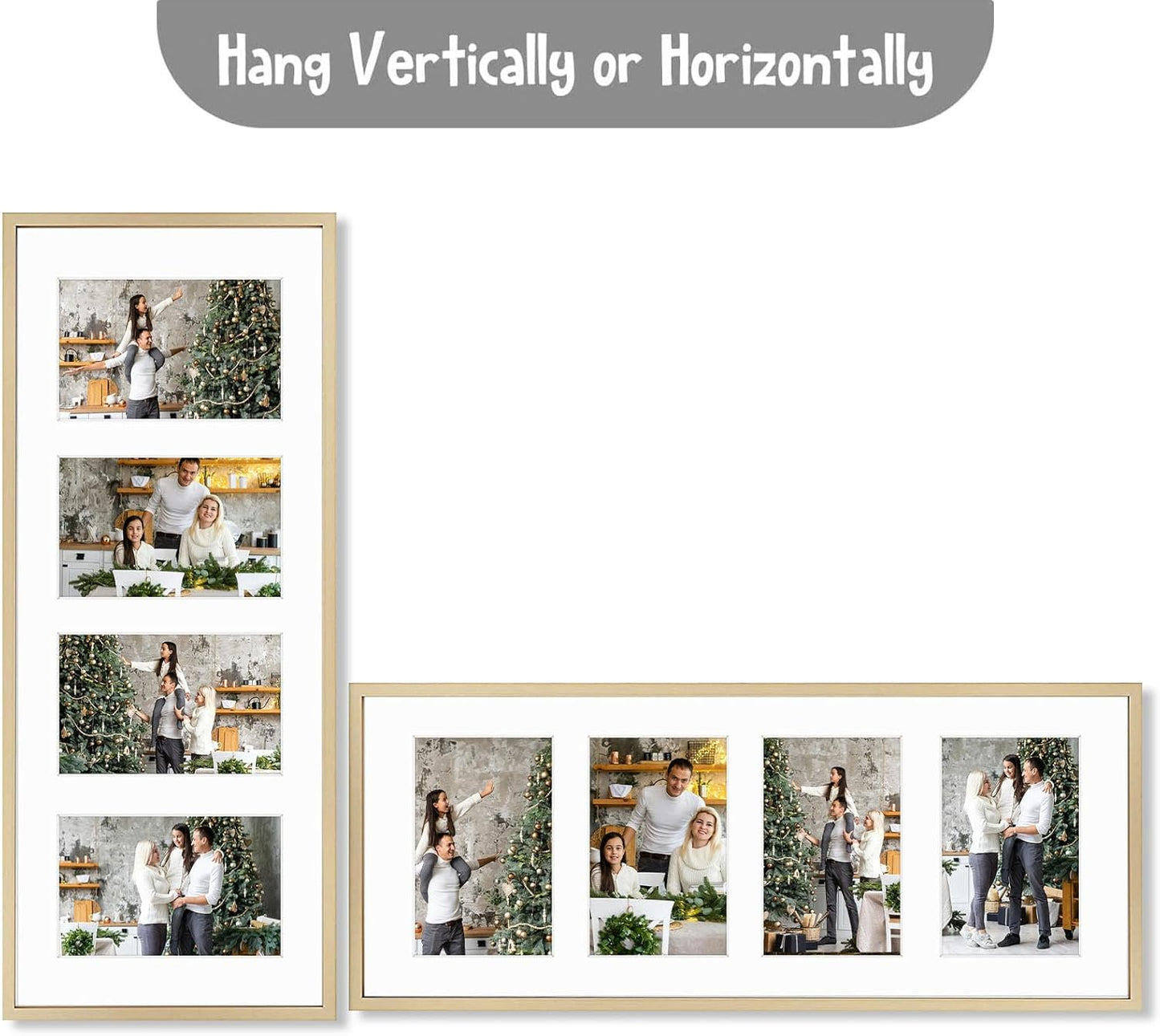 Frametory - 8x20 Aluminum Collage Picture Frame - Display 4x6 Pictures with 4 Openings Mat - Real Glass Front - Horizontal/Vertical Wall Mount - Gold 1 Pack