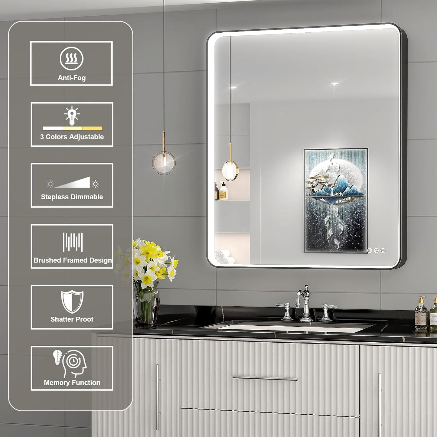 LED Mirror for Bathroom 28X36 Inch Black Framed with Anti-Fog, Stepless Dimmable, Front Lit, LED Bathroom Vanity Mirror for Wall, Memory Function, Shatter-Proof