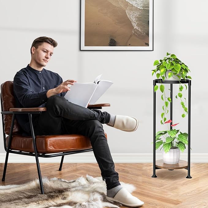 KMOTASUO 2 Tier Black Plant Stand Indoor for Large Tall Heavy Duty Planter, Multiple Sturdy Metal Flower Corner Rack for Narrow House Floor, Iron Vertical Level Round Orchi Holder Organizer, Modern