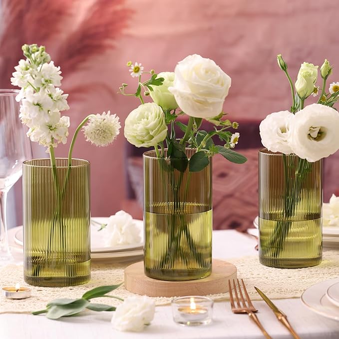 Glass Cylinder Bud vases for Centerpieces, 6 Inches Clear Ribbed Glass Vases Bulk for Wedding Table Decor, Loral Vase Bulk Flower vases, Tall Hurricane Candle Holder for Table Shelf, Party (Green)