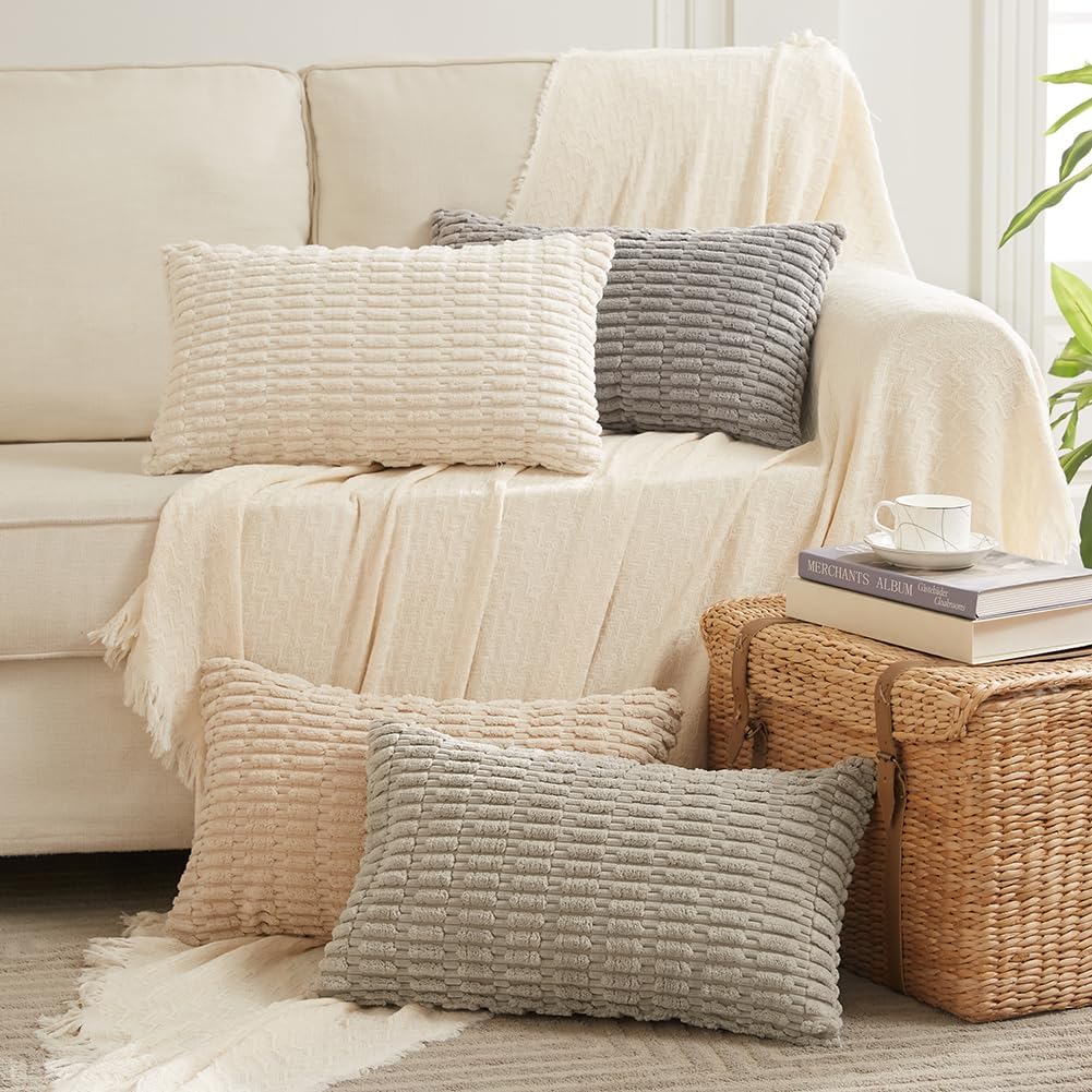 Fancy Homi Cream Lumbar Decorative Throw Pillow Covers 12x24 Inch for Living Room Couch Bed Sofa, Rustic Farmhouse Boho Home Decor, Soft Striped Corduroy Rectangle Cushion Case 30x60 cm