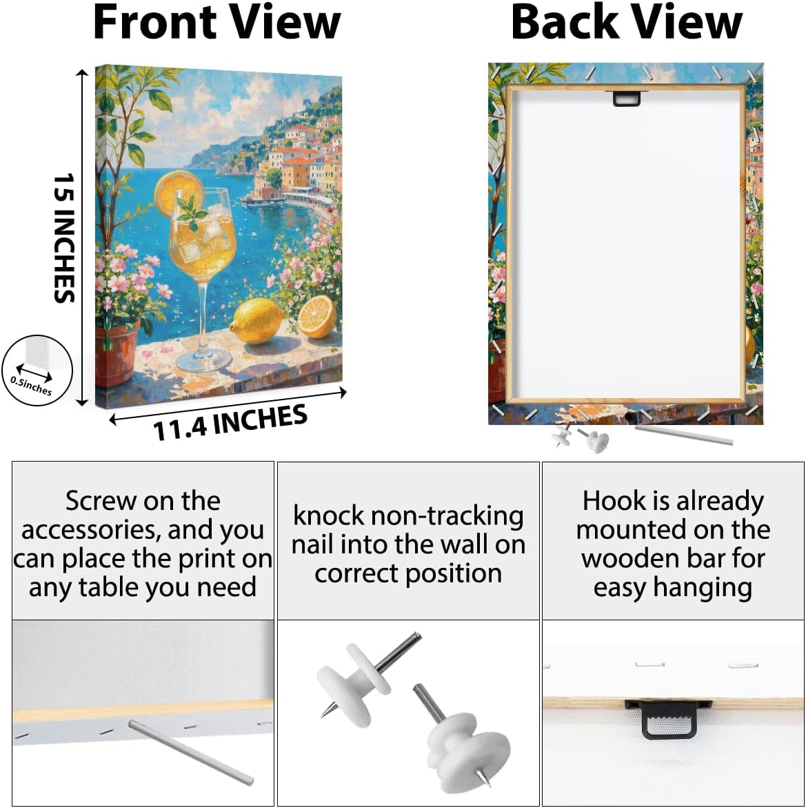 Italy City Wall Art, Coastal Landscape Watercolor Painting Italy Lemon Canvas Framed Prints Modern Decorations, Summer Aesthetic Flowers Poster for Living Room Entryway Farmhouse Bedroom Dining room