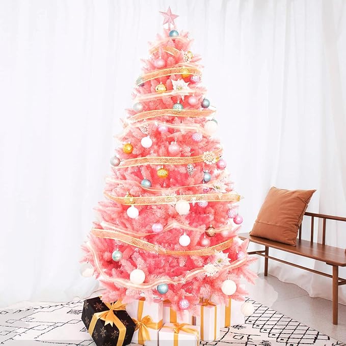 ULICO 5ft Artificial Pink Christmas Tree,Premium Spruce Xmas Tree with 600 Branch Tips, Fake Christmas Tree with Foldable Metal Base Stand,Home, Office,Party Decoration