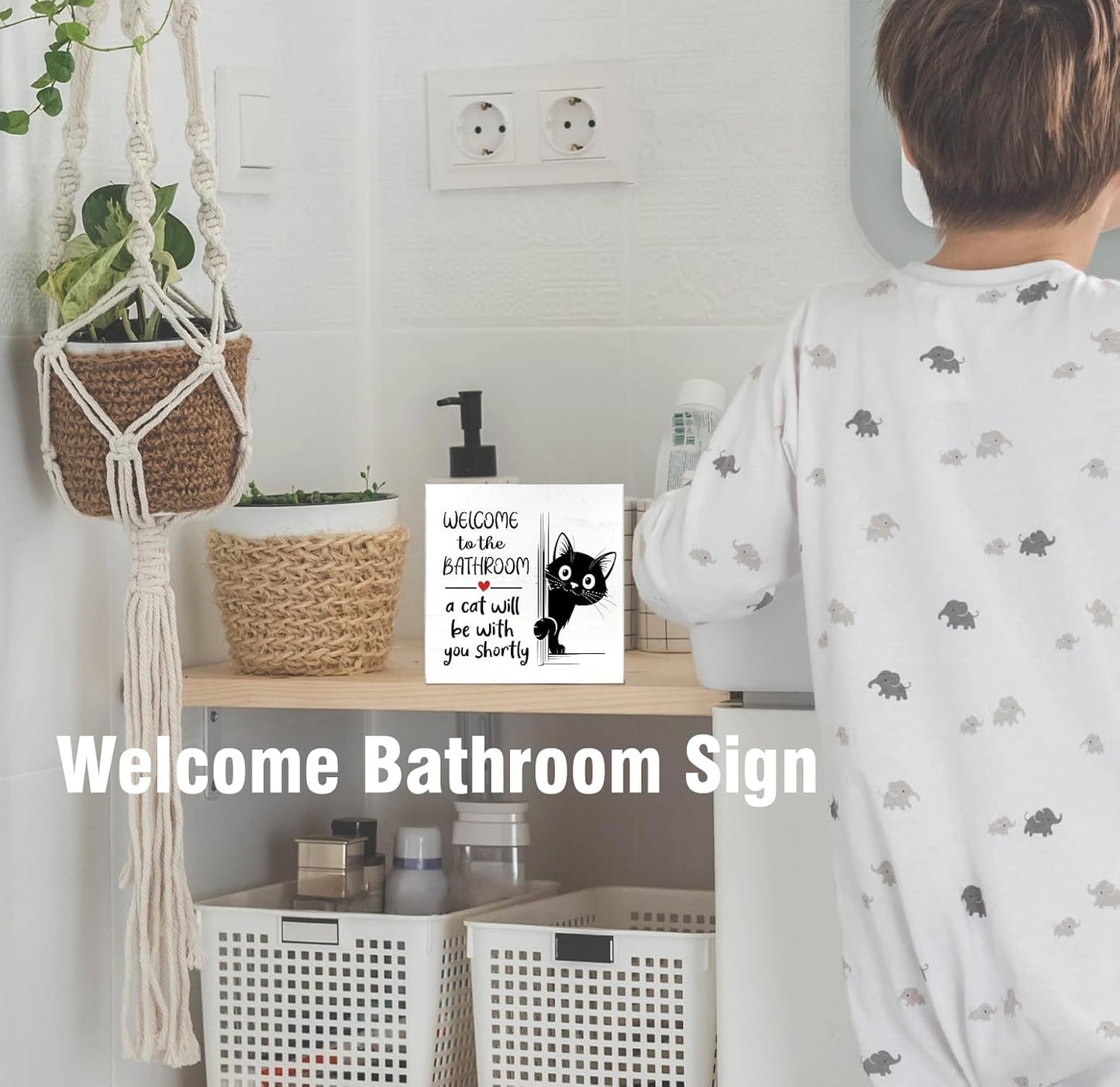 Funny Bathroom Black Cat Wall Decor Desk Wood Sign, Cat Decor for Home Welcome to the Bathroom Sign, Gifts for Women Cats Lovers, Welcome To The Bathroom A Cat Will Be With, 5x5 inch