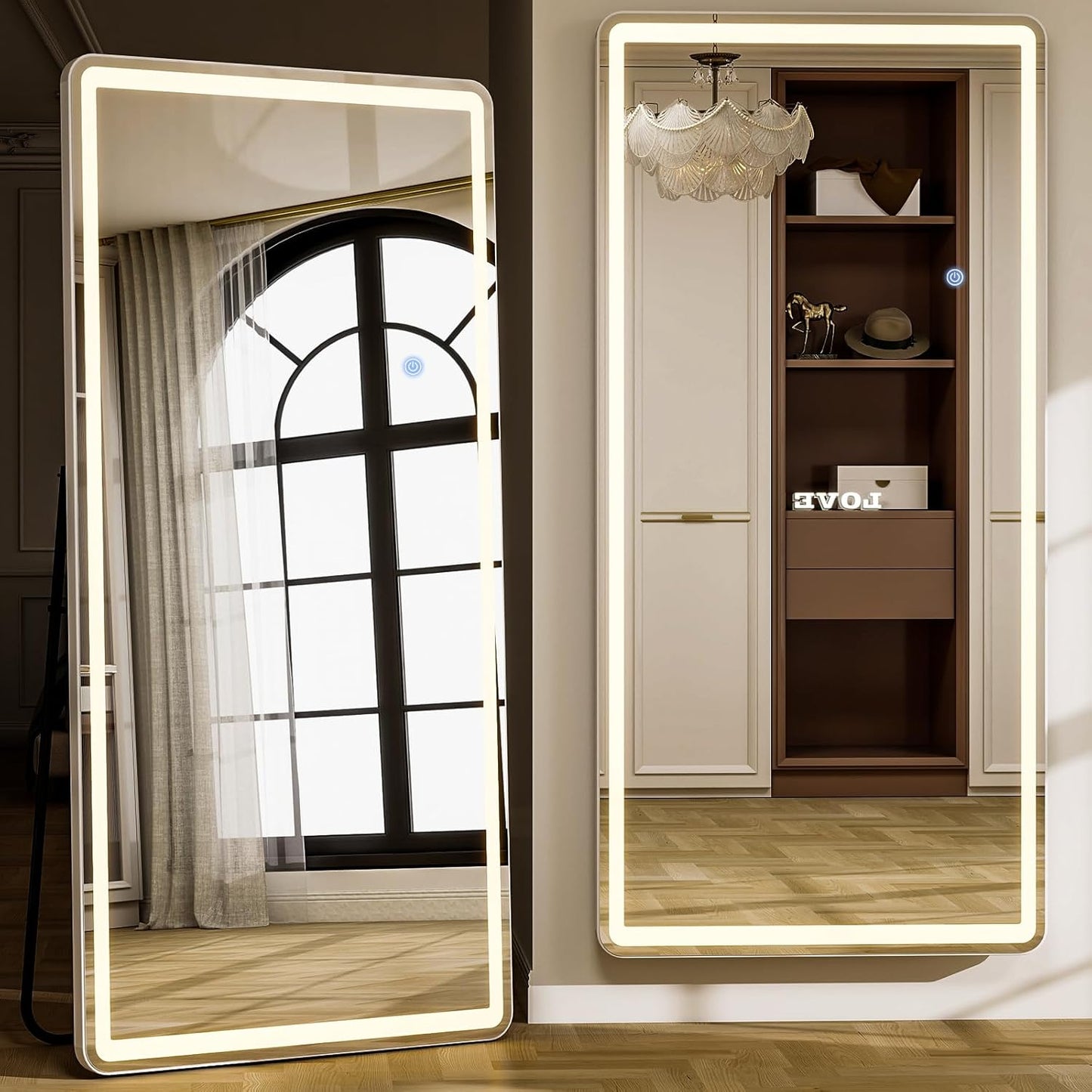 GLSLAND LED Full Length Mirror - 71"x30" Floor Standing Mirror with Light for Bedroom/Cloakroom -Dimmable & 3 Color Lighting/Wall Mounted Full Body Mirrors