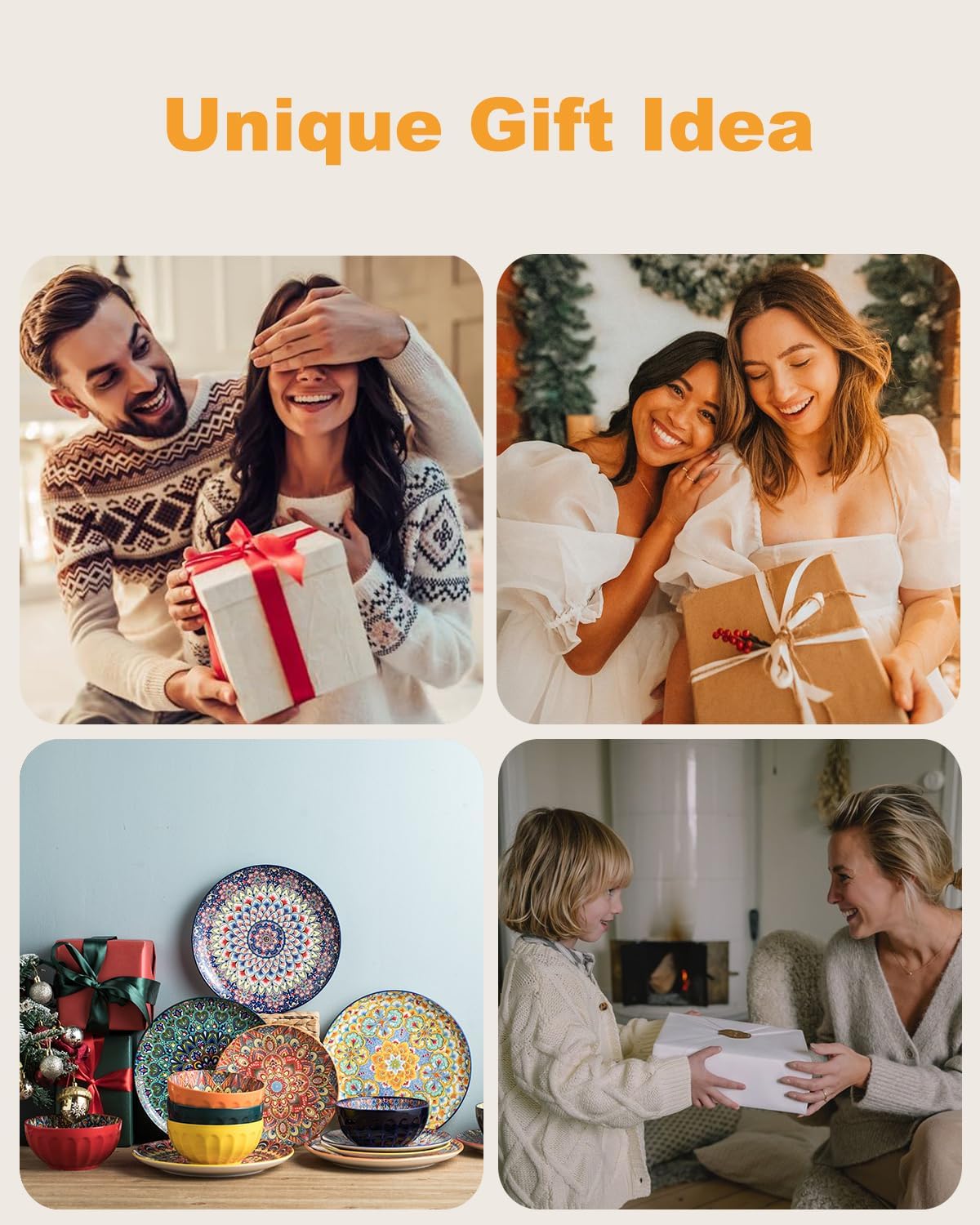 Dinner Plate Set of 6, 10.5-inch Large Plate for Dessert, Pasta, Salad, Ceramic Bohemian Dishes for Kitchen Microwave Dishwasher Safe