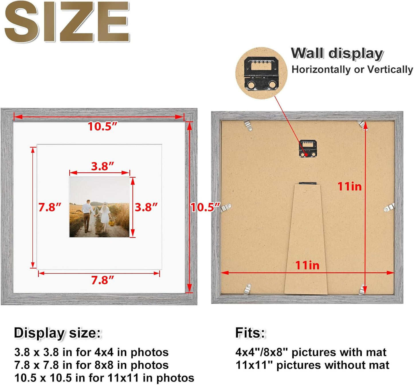 KINLINK 11x11 Picture Frame, Grey Square Solid Wood Frames for Pictures 4x4 and 8x8 with Mat or 11x11 without Mat, Wall and Tabletop Display Photo Frames Grey Wood 4 Pack