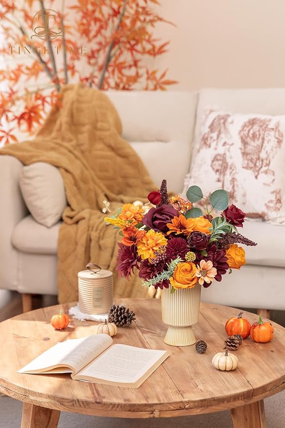 TINGE TIME Silk Fake Flowers Combo, Fake Foam Dahlia with Stems for DIY Wedding Bouquets Centerpieces Baby Shower Party Home Decorations(Burgundy & Burnt Orange)