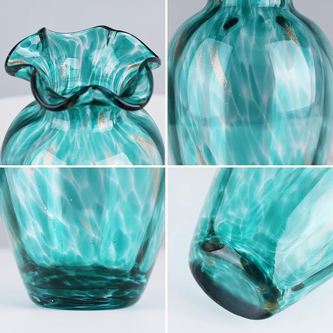 Blown Glass Art Vase - Green, Transparent, Unique, Modern - Wide Mouth for Living Room, Wedding, Dining Table, Office