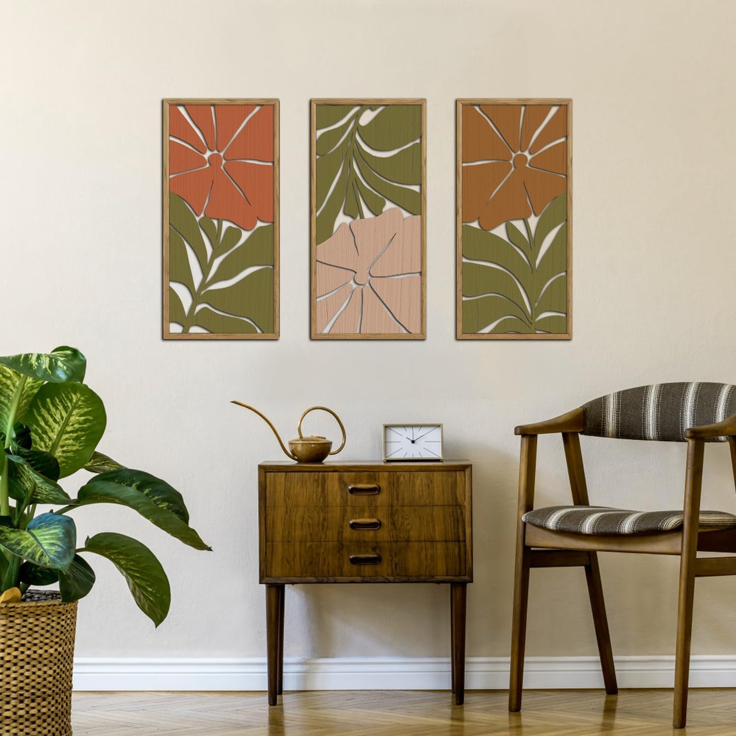 KAIRNE Boho Wooden Wall Art,Bohemian Wood Wall Decor Set of 3(16”X8”),Abstract Minimalist Hanging Decor,Vintage Farmhouse Bohemian Artwork for Living Room Bedroom Kitchen Office Decoration,Framed