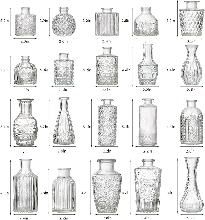 Glass Bud Vase Set of 60 - Small Vases for Flowers in Bulk - Assorted Vintage Crystal Vases for Flowers, Table Centerpieces (Clear, 60 Pcs)