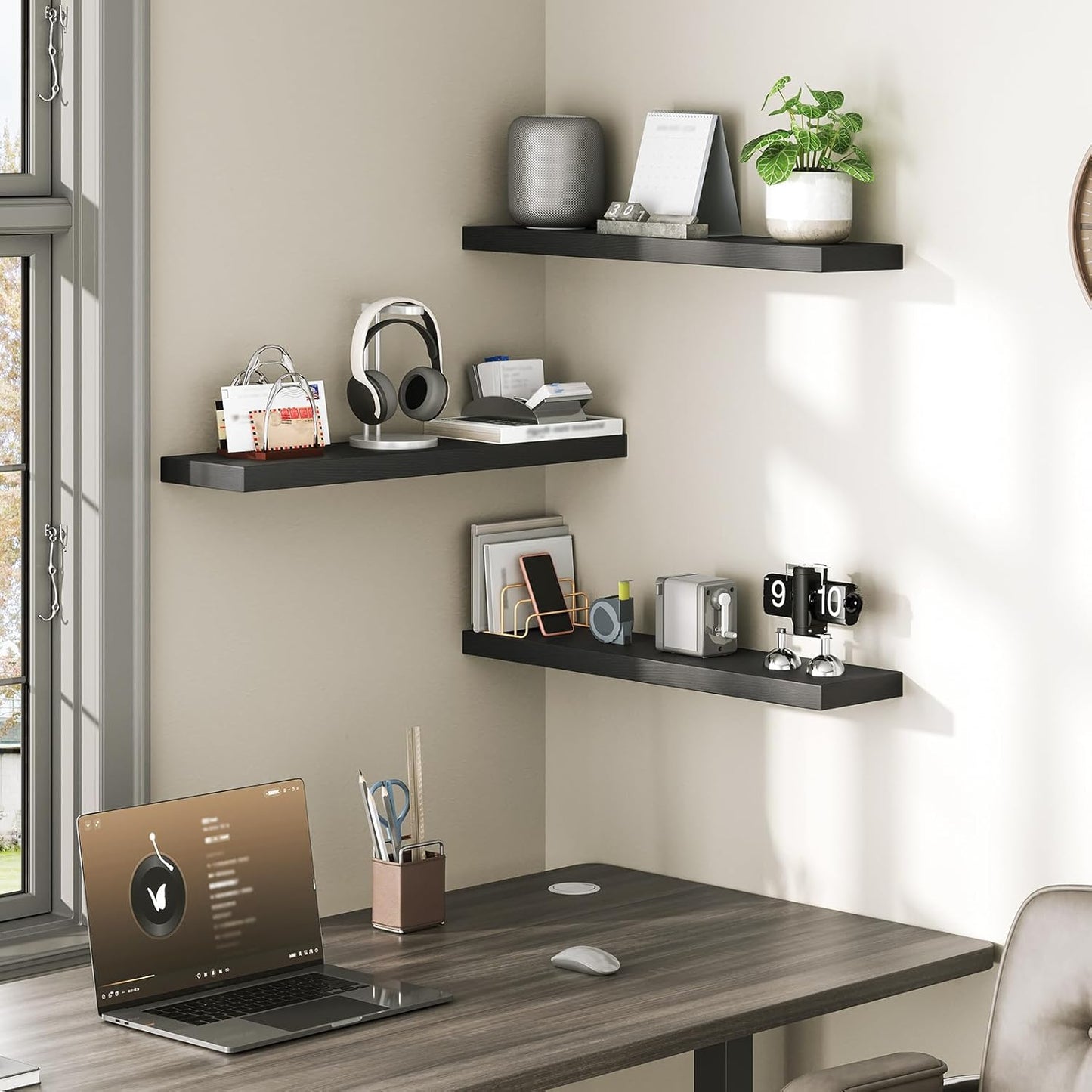 Floating Shelves for Wall, 1.5" Thick Wall Shelf Set of 3 with Invisible Brackets, 23.6L x 7.9W Hanging Book Shelves Farmhouse Home Decor for Bathroom, Living Room, Bedroom, Black 6301BJP3BK