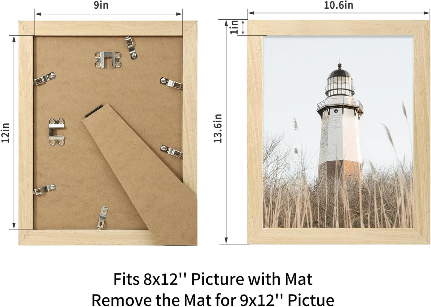 iRahmen 9x12 Picture Frame Set of 2, Wood Photo Frame with Tempered Glass - Display Pictures 6x8 with Mat or 9 x 12 without Mat for Horizontal or Vertical Tabletop and Wall Mounting