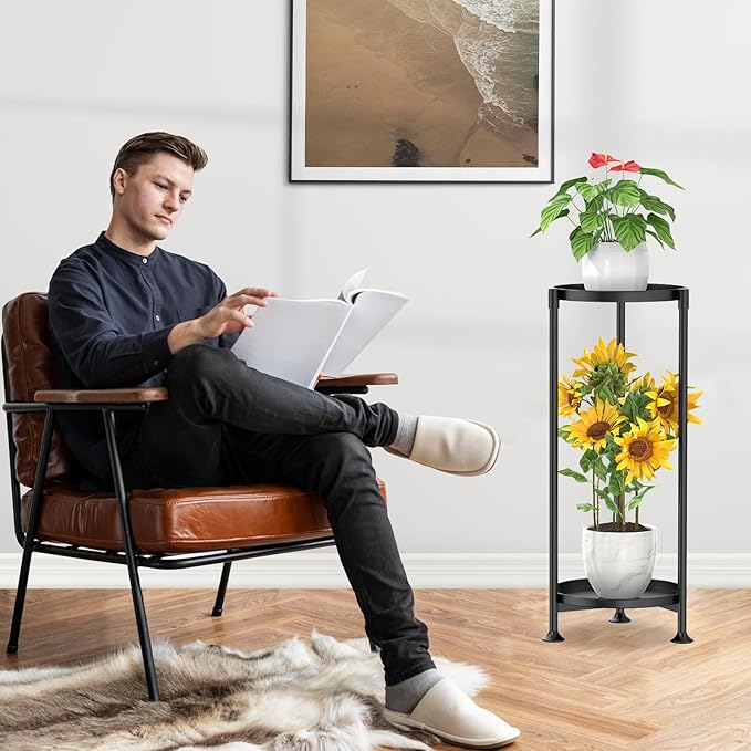 KMOTASUO 2 Tier Plant Stand Indoor for Large Tall Heavy Duty Planter, Multiple Sturdy Metal Flower Corner Rack for Narrow House Floor, Iron Vertical Level Round Orchi Holder Organizer, Black