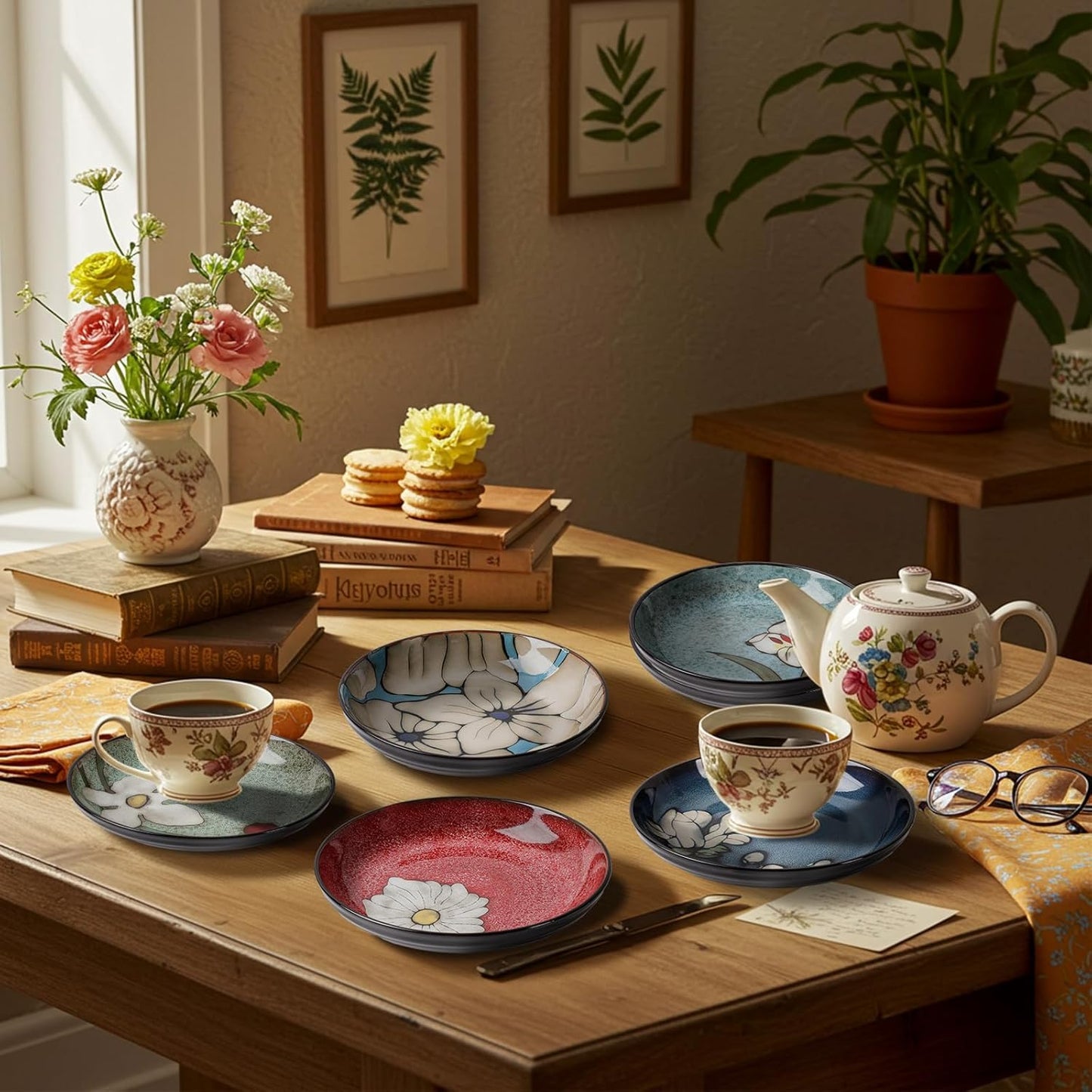 Maxdot Ceramic Dinner Plates Set of 6, 8.5 Inch Underglaze Painting Salad Plates, Glazing Process Floral Ceramic Gift Dishes for Steak Salad Pasta Appetizer, Microwave, Oven and Dishwasher Safe