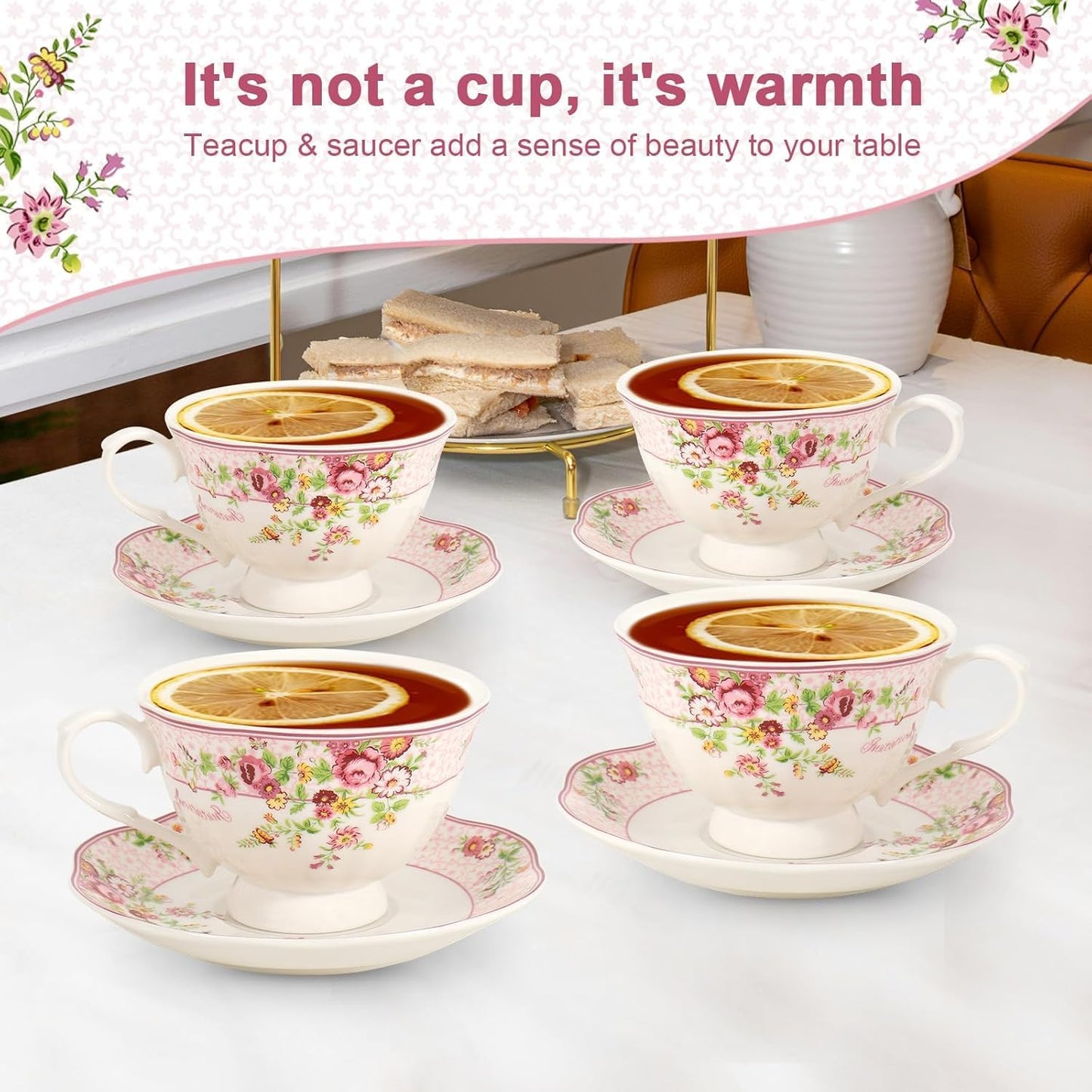 Cup and Saucer Sets of 2 with Spoon, 8oz Large Tea Coffee Cups and Saucers New Bone China Floral Vintage Cup & Saucer Sets Porcelain Tea Latte Mugs -Microwave Dishwasher Safe